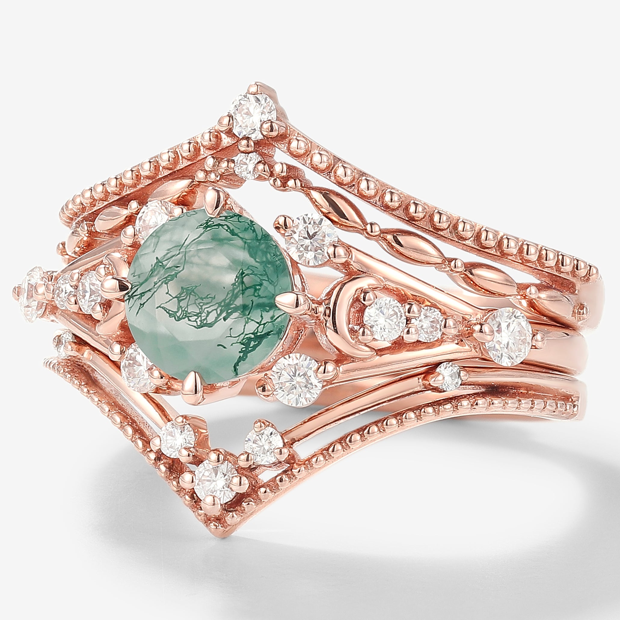 Rose gold moss agate engagement ring set with moissanite accents, vintage bridal set, wedding ring set for engagement.