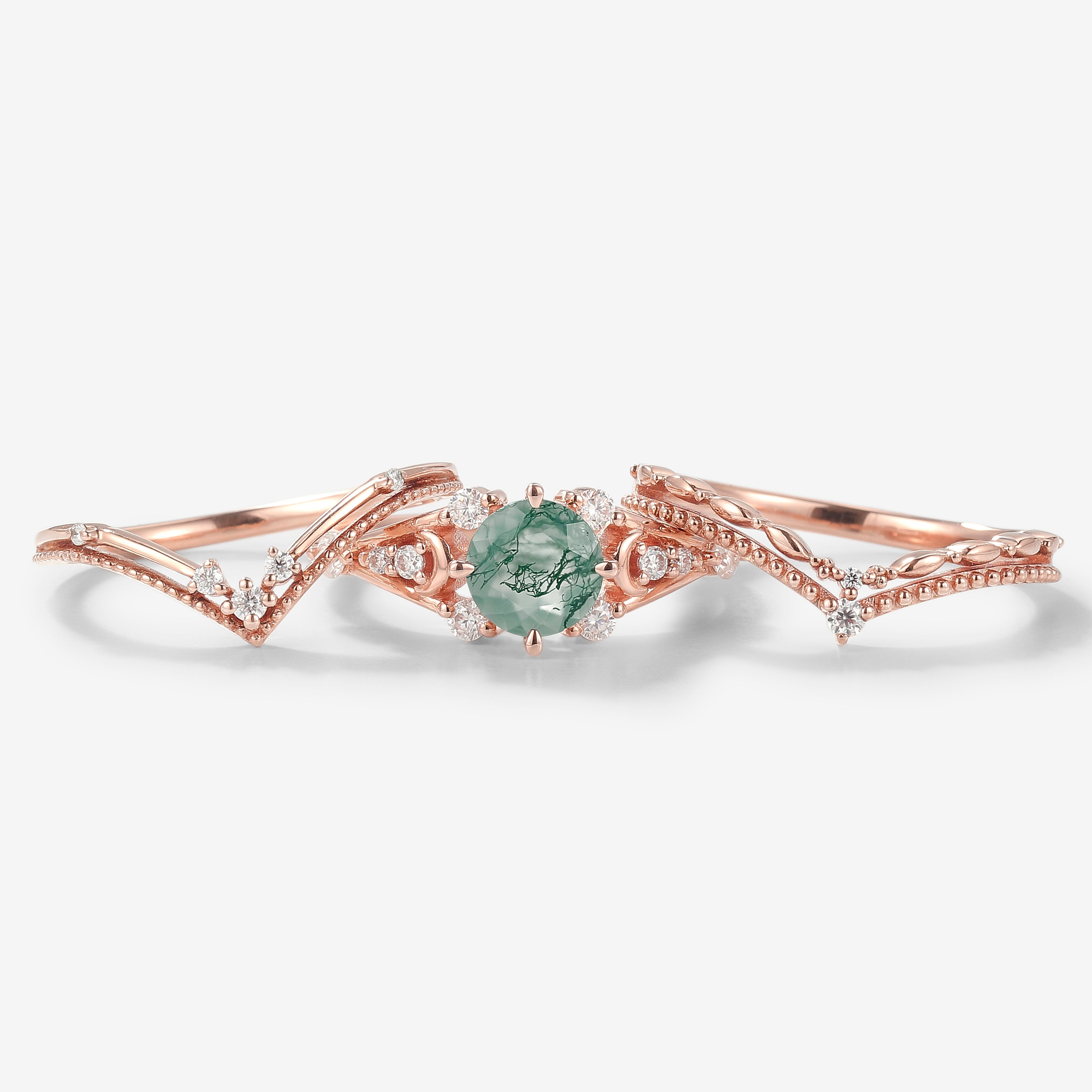 Rose gold moss agate ring set, vintage bridal set with moissanite accents. Wedding ring set for engagement.