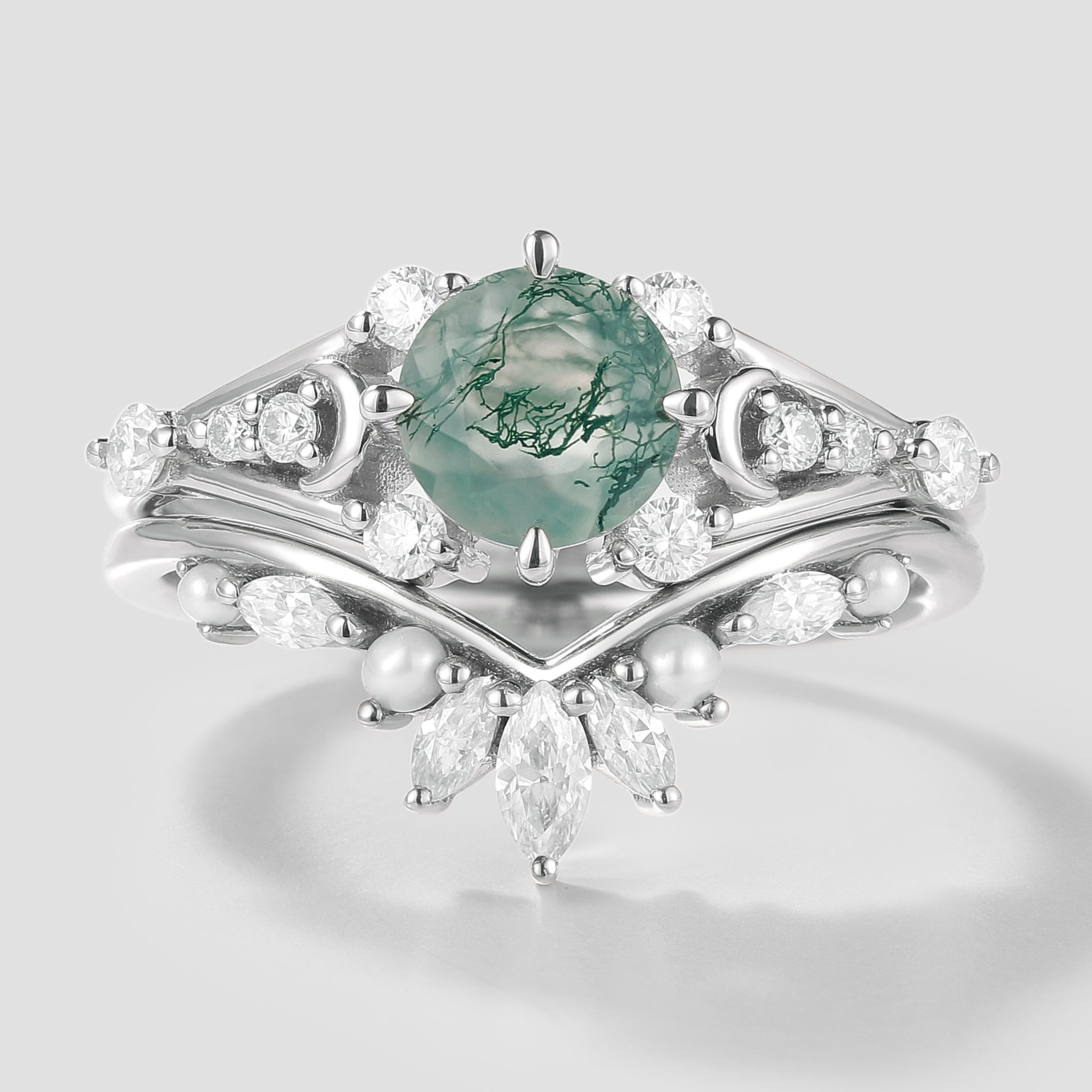 Moss Agate Moon Engagement Ring and Pearl Wedding Band Set