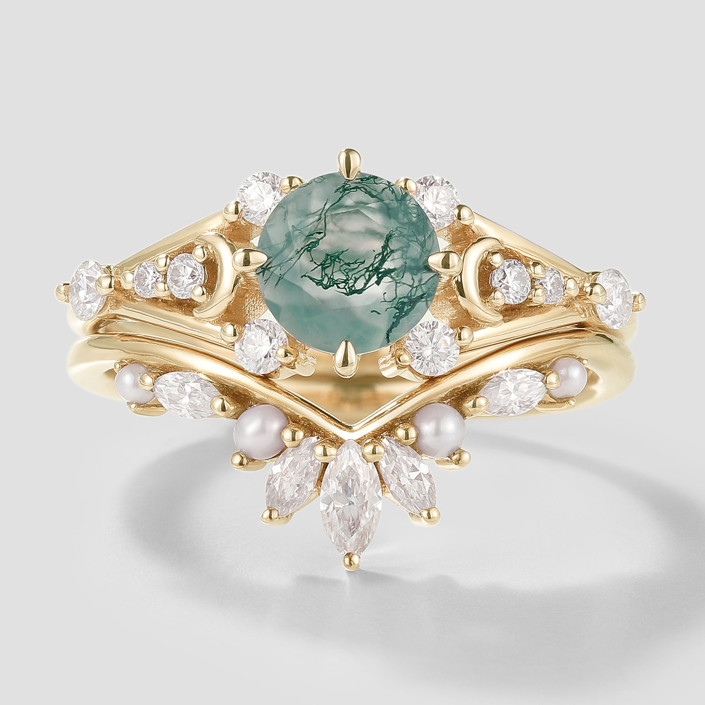 Yellow Gold Moss Agate Moon Engagement Ring Set