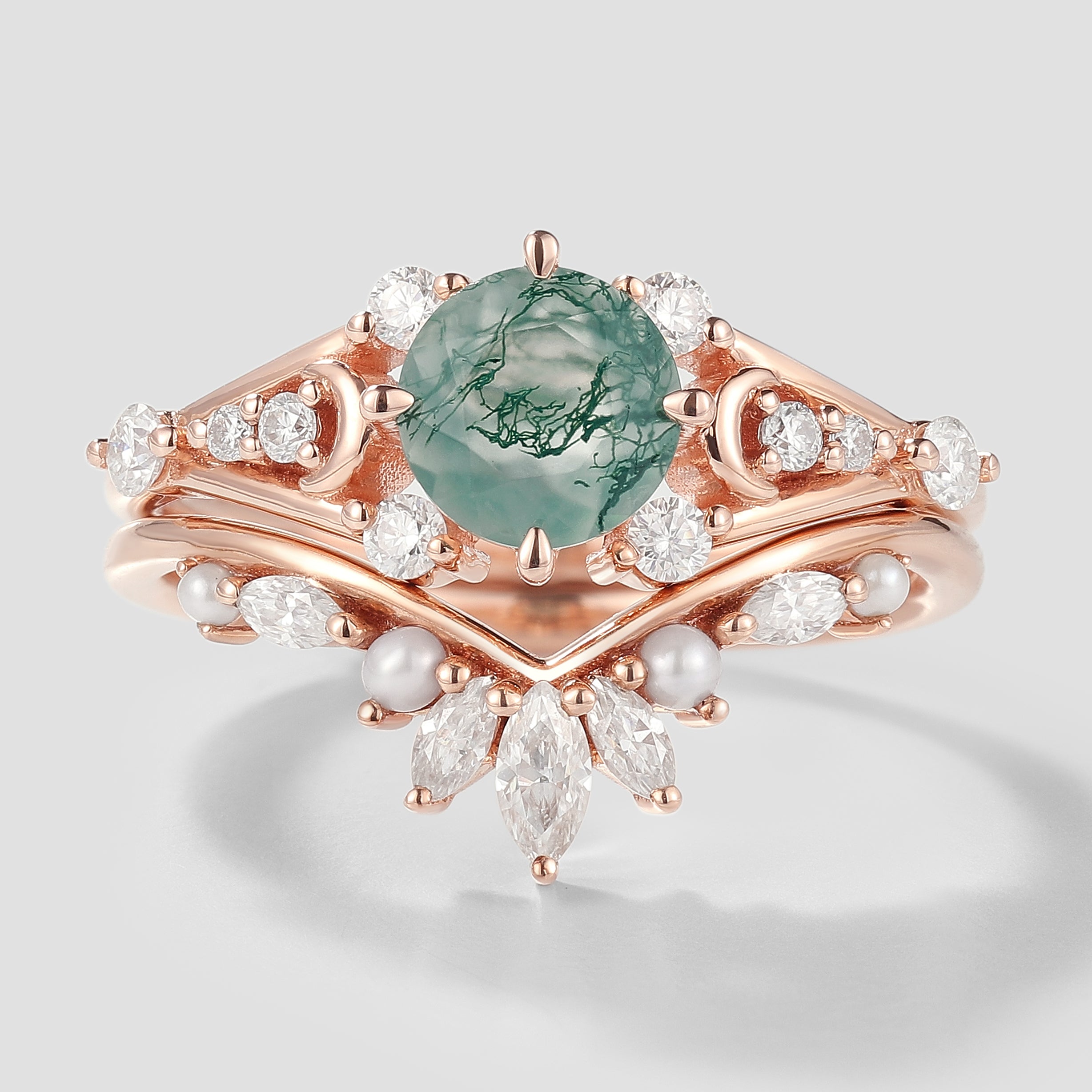 Moss Agate Moon Engagement Ring and Moissanite Pearl Wedding Band Set
