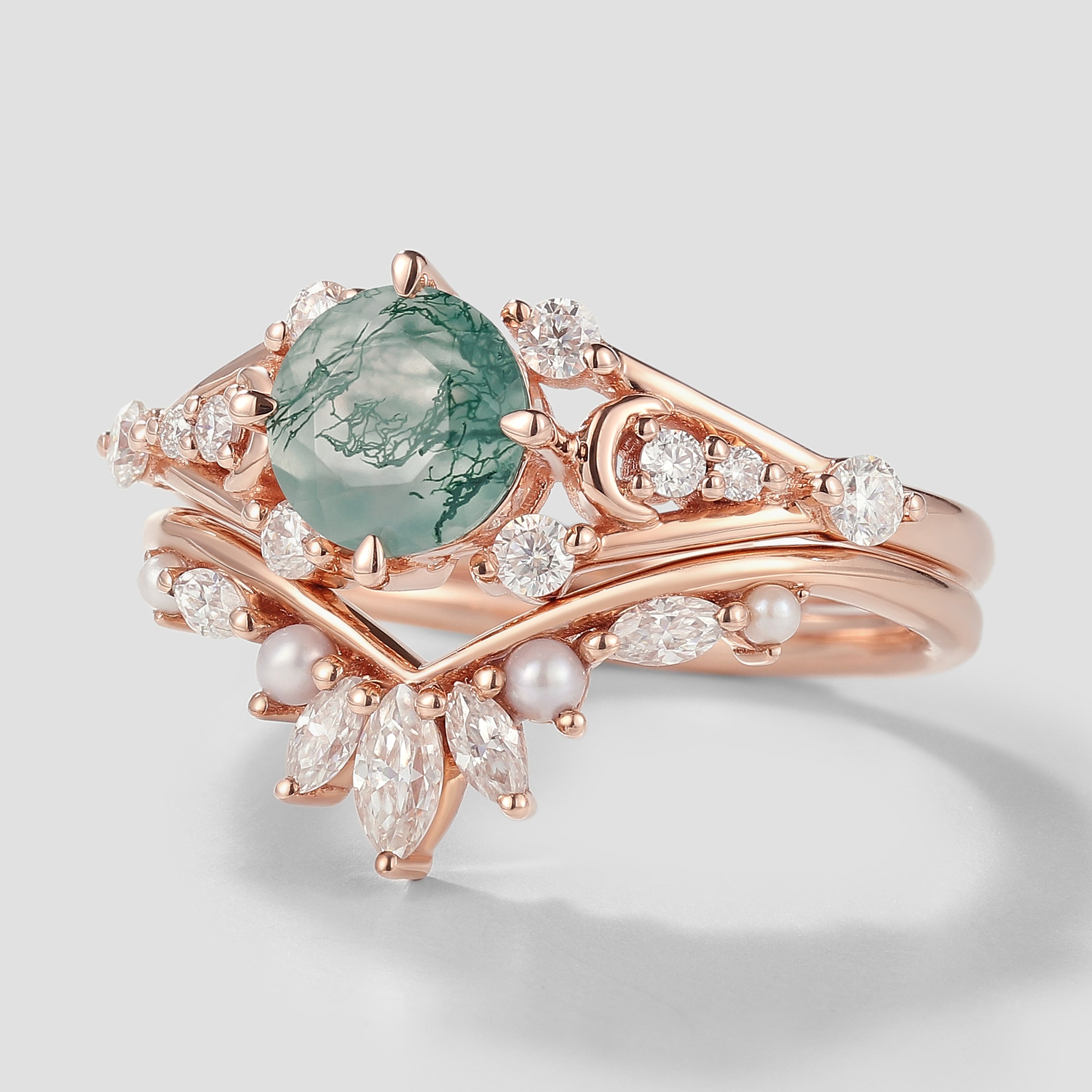 Moss Agate Moon Engagement Ring Set with Moissanite and Pearls