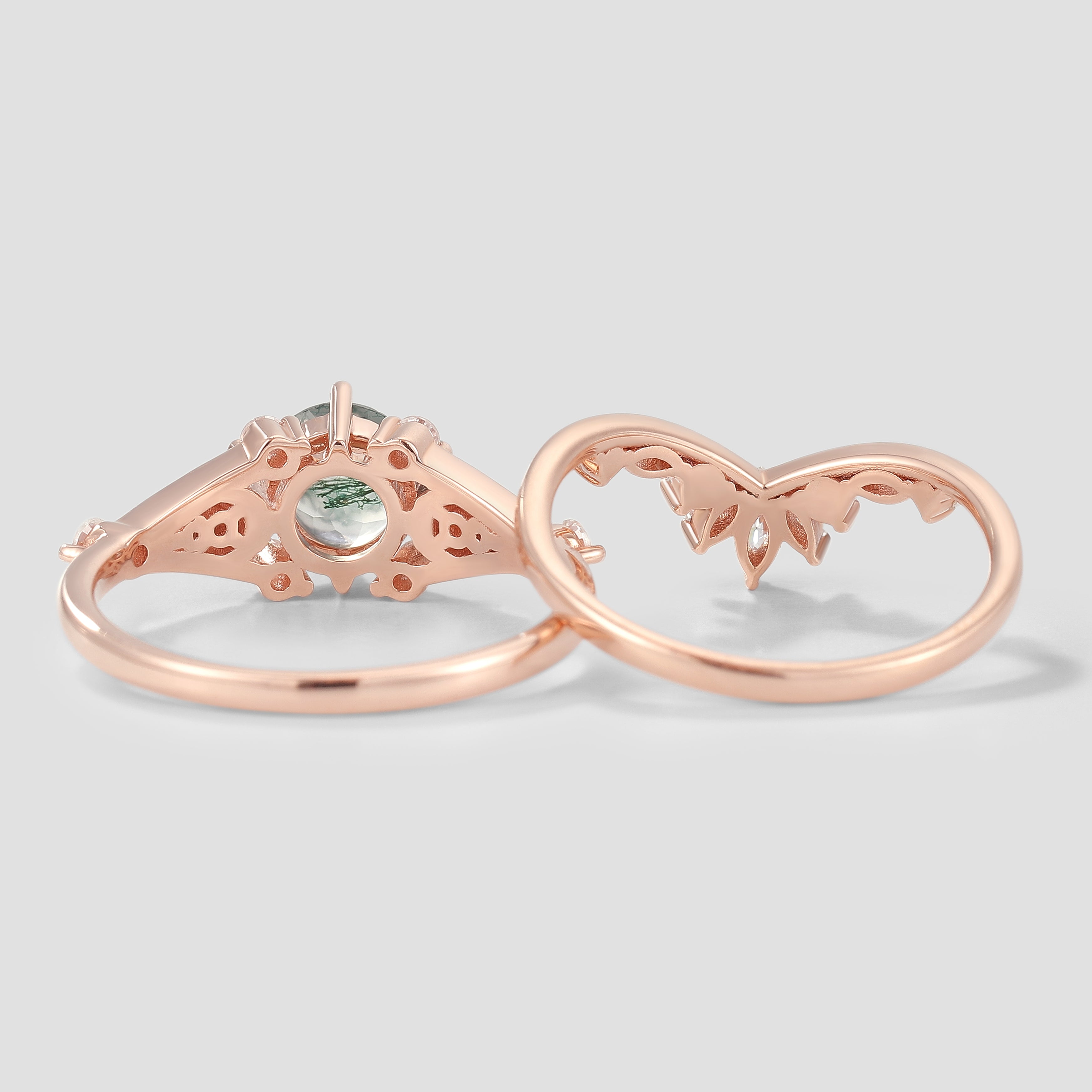 Rose Gold Moss Agate Moon Engagement Ring & Wedding Band Set