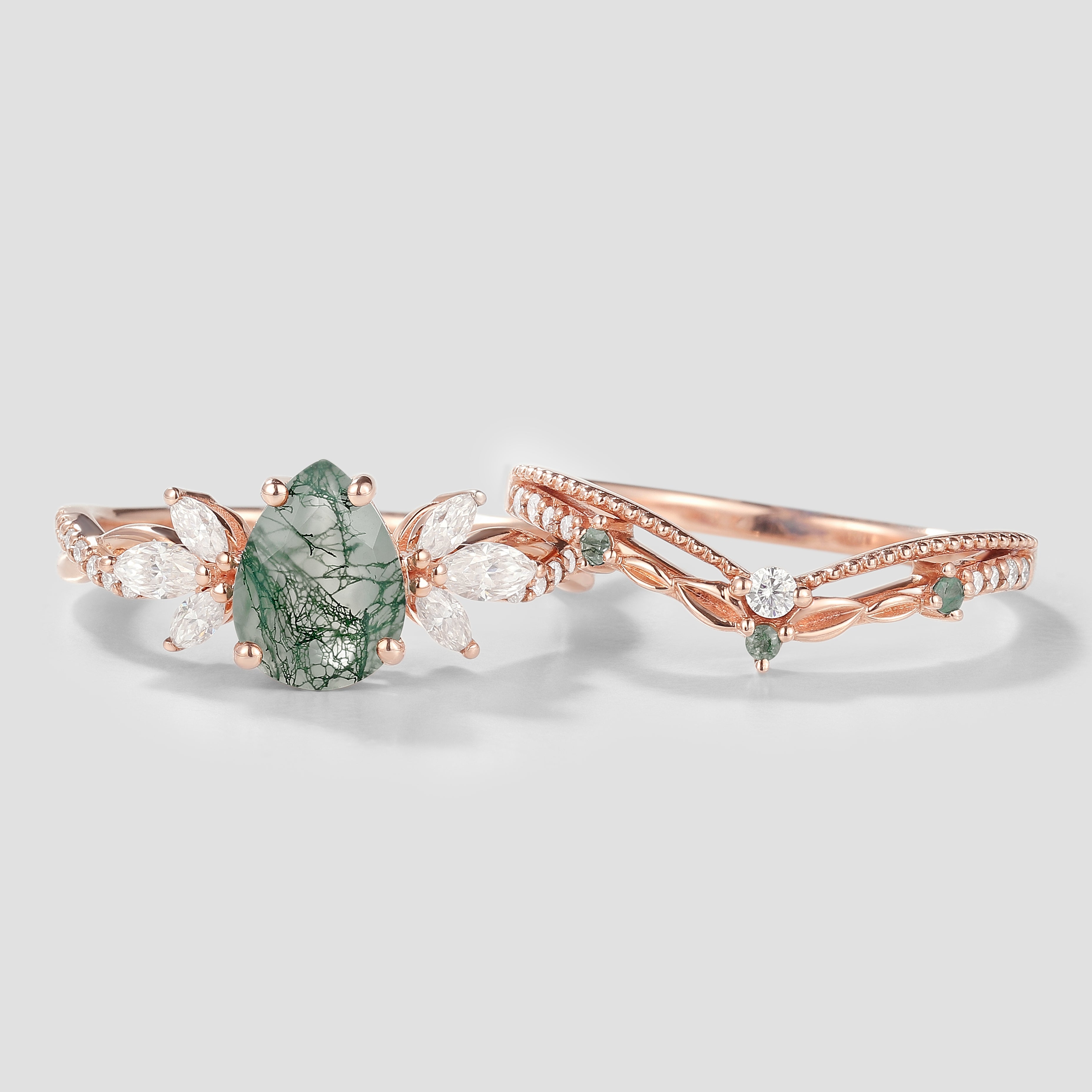 Moss Agate Pear Cut Engagement Ring and Leaf Wedding Band Set