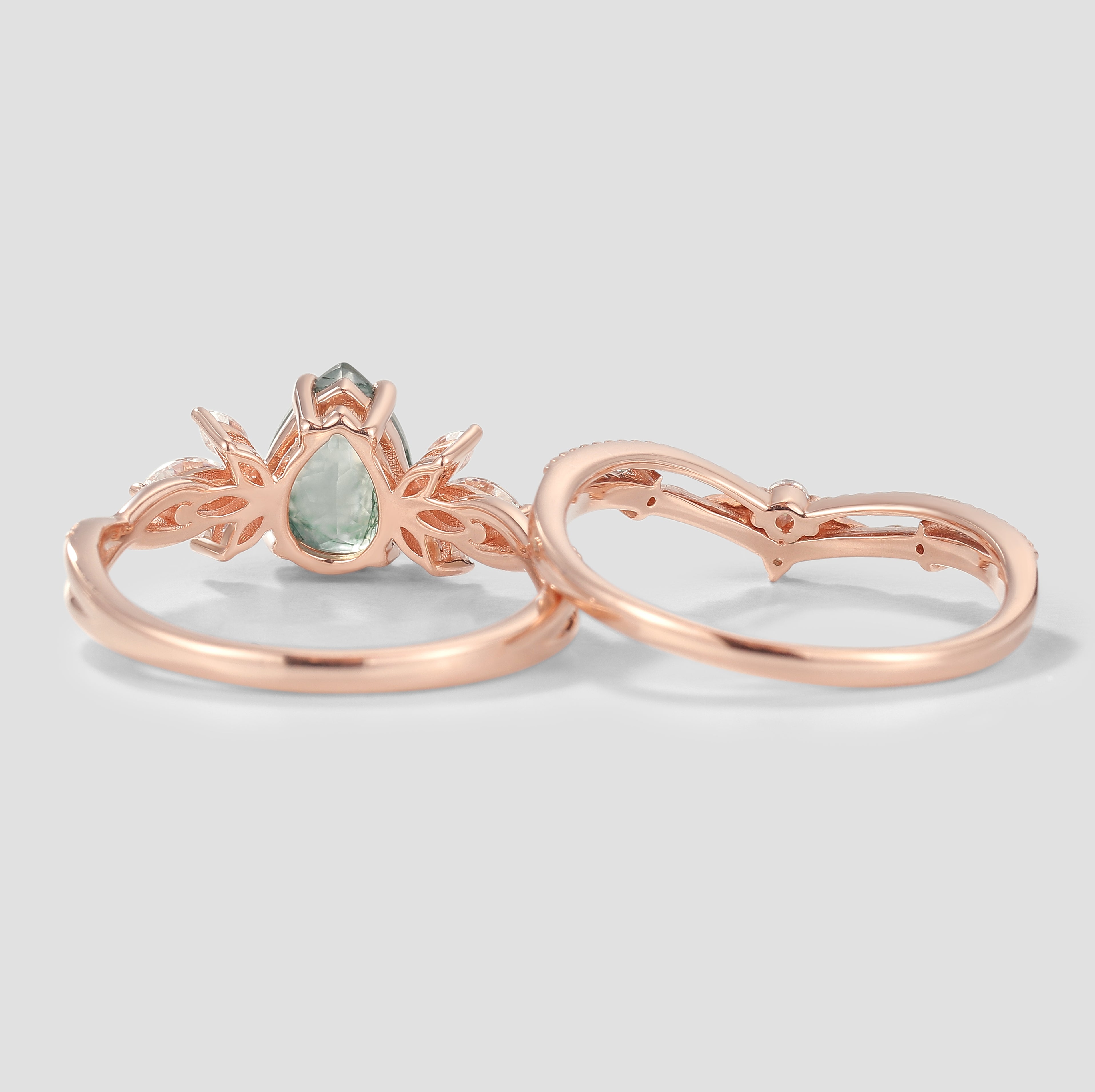 Rose gold moss agate engagement ring and leaf wedding band set