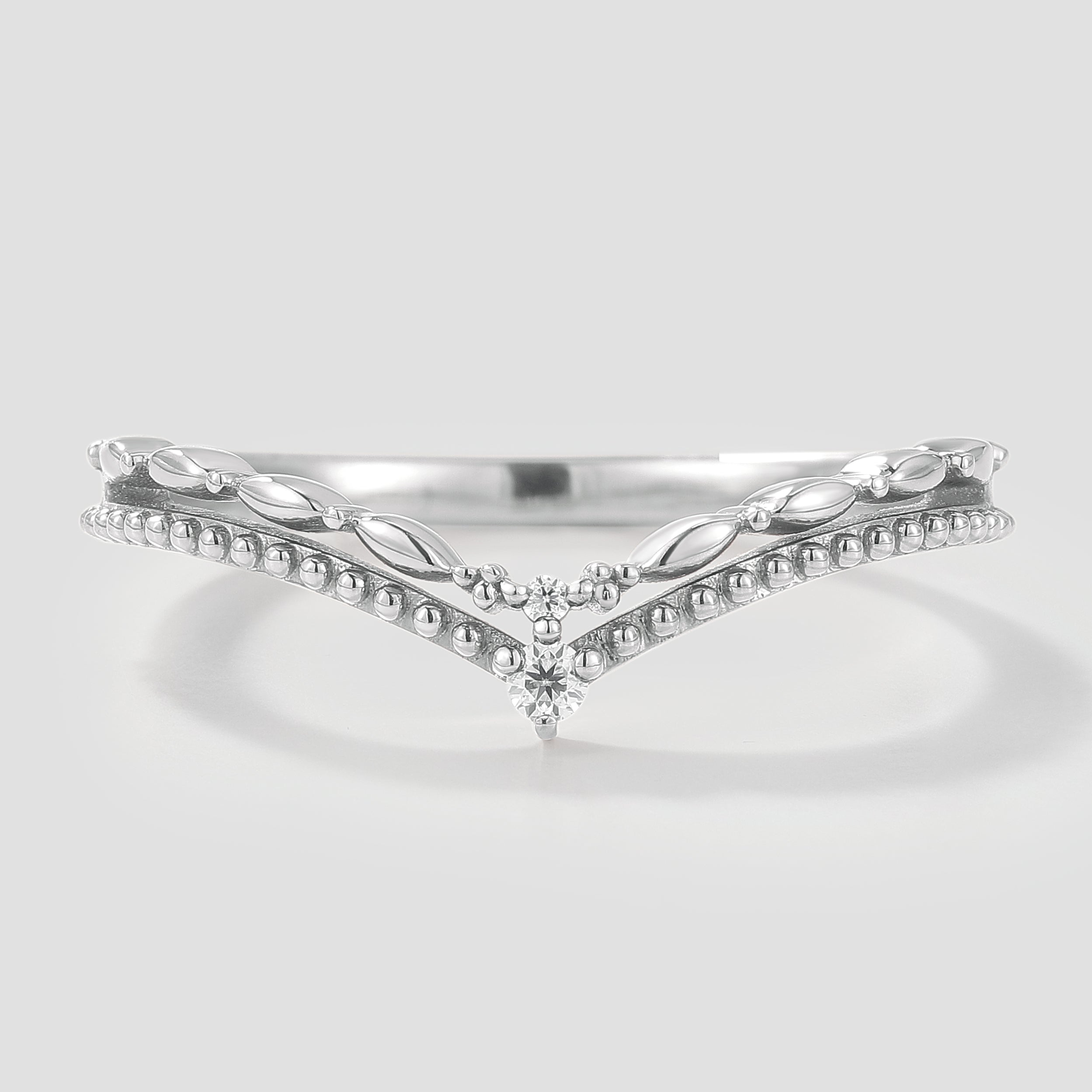 Moissanite V-shaped wedding band, leaf and bead details