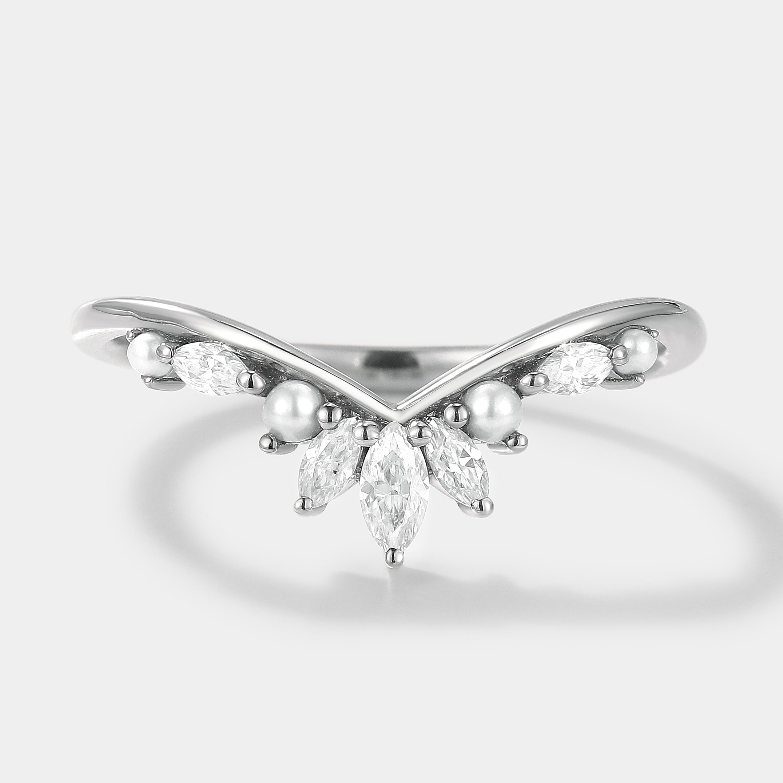 Silver curved wedding band with moissanite and pearl