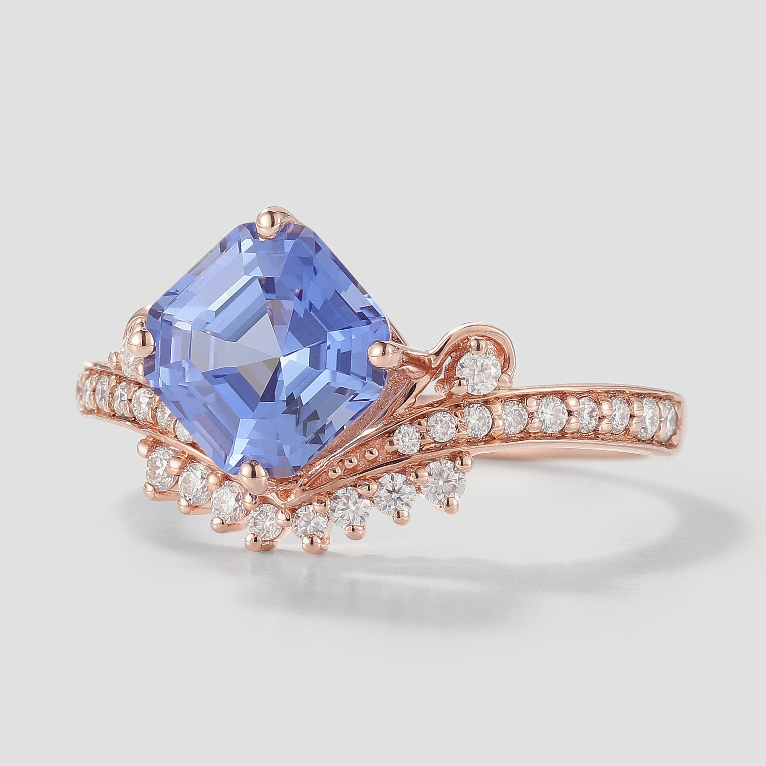 Cushion Cut Cornflower Sapphire Engagement Ring, Rose Gold Setting