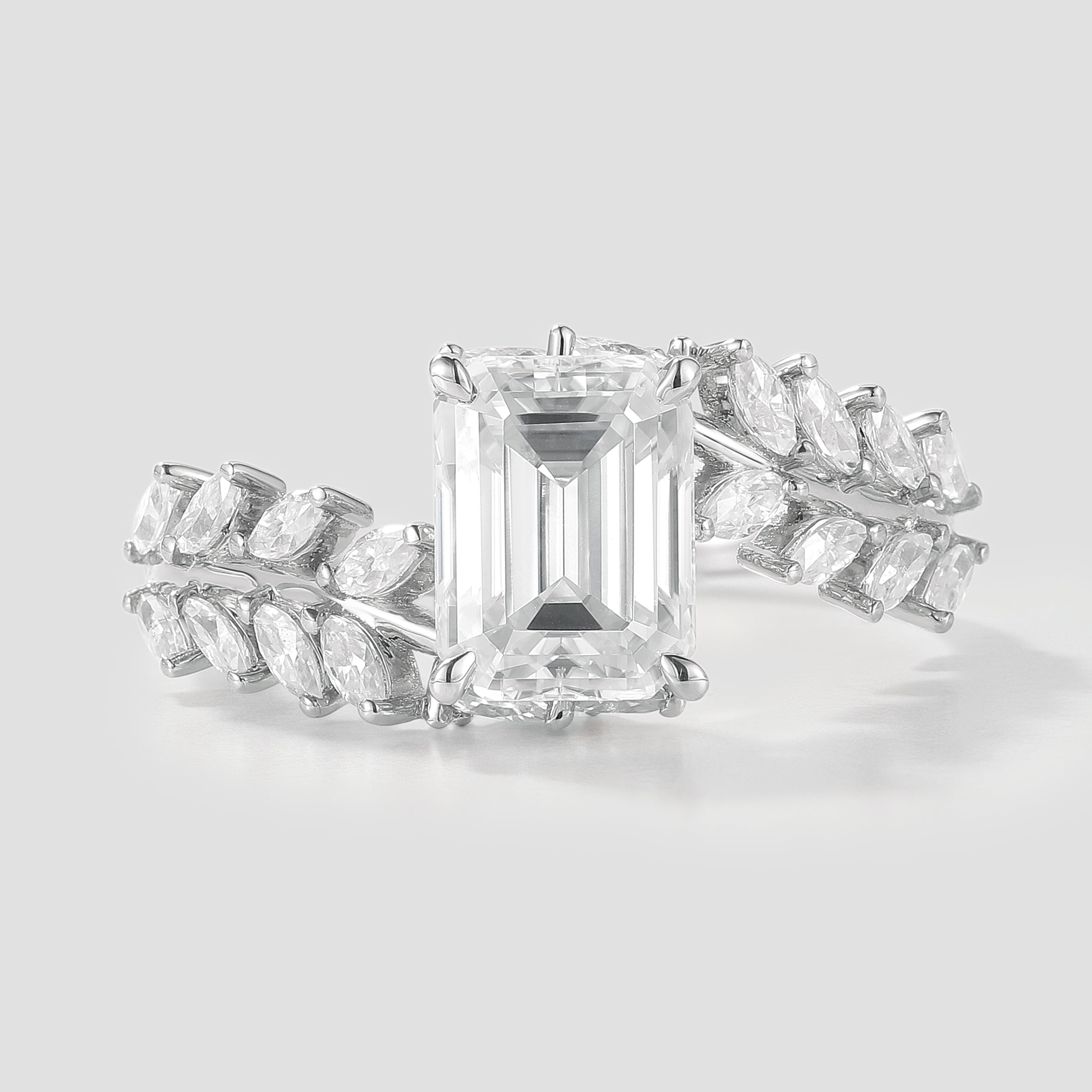 Emerald cut moissanite leaf branch engagement ring