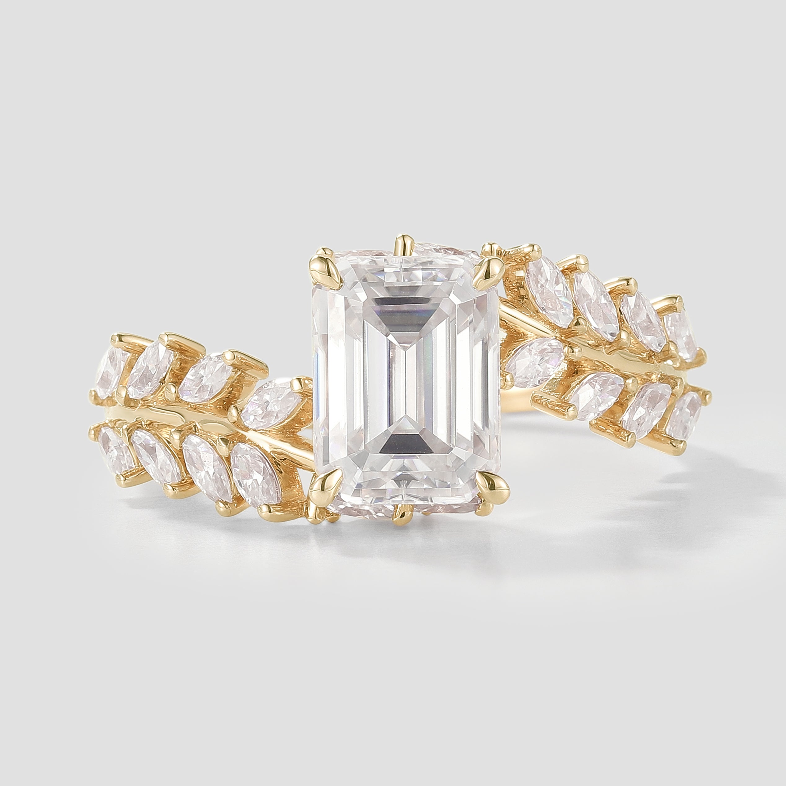Emerald Cut Moissanite Ring with Leaf Branch Setting