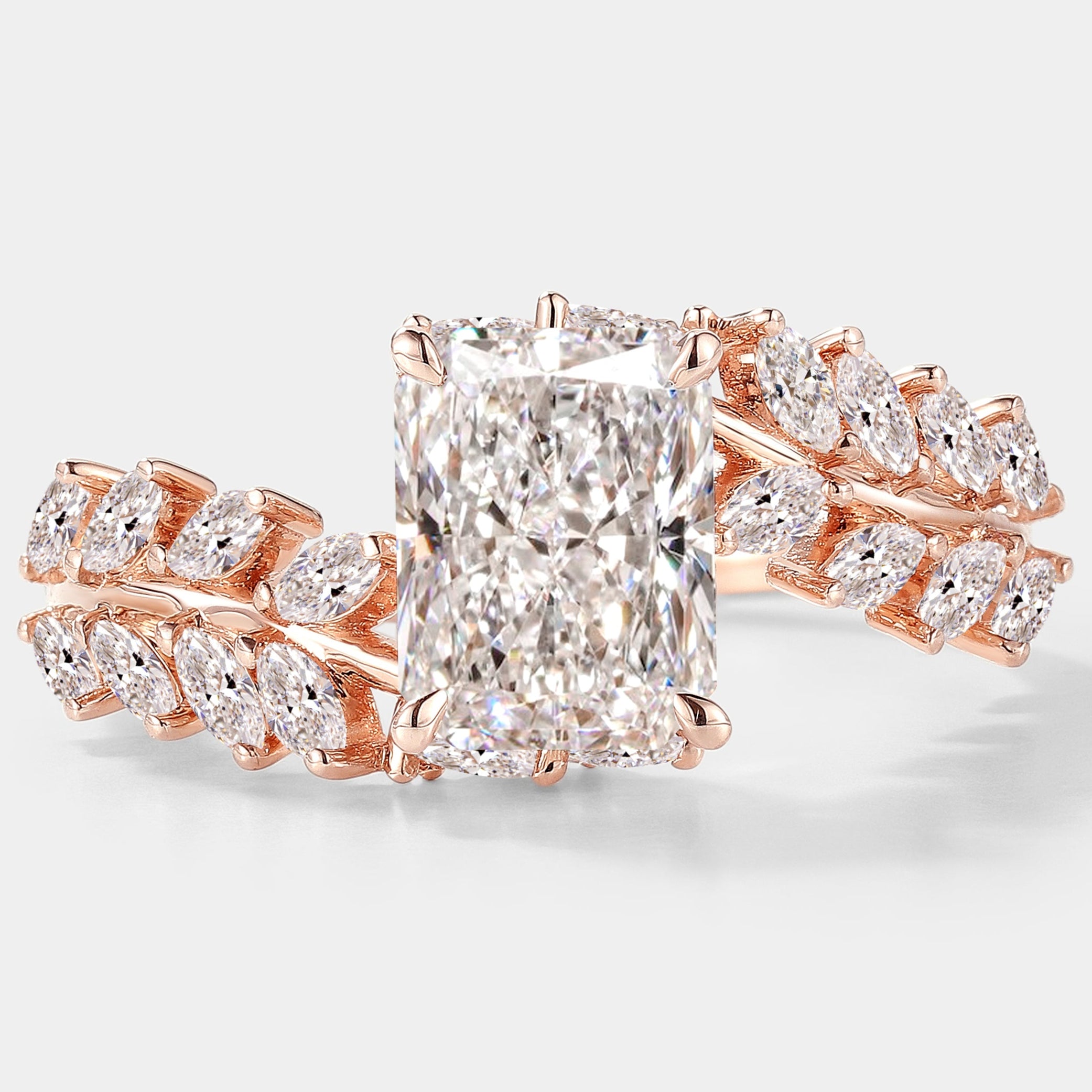 Emerald Cut Lab Grown Diamond Engagement Ring with leaf design