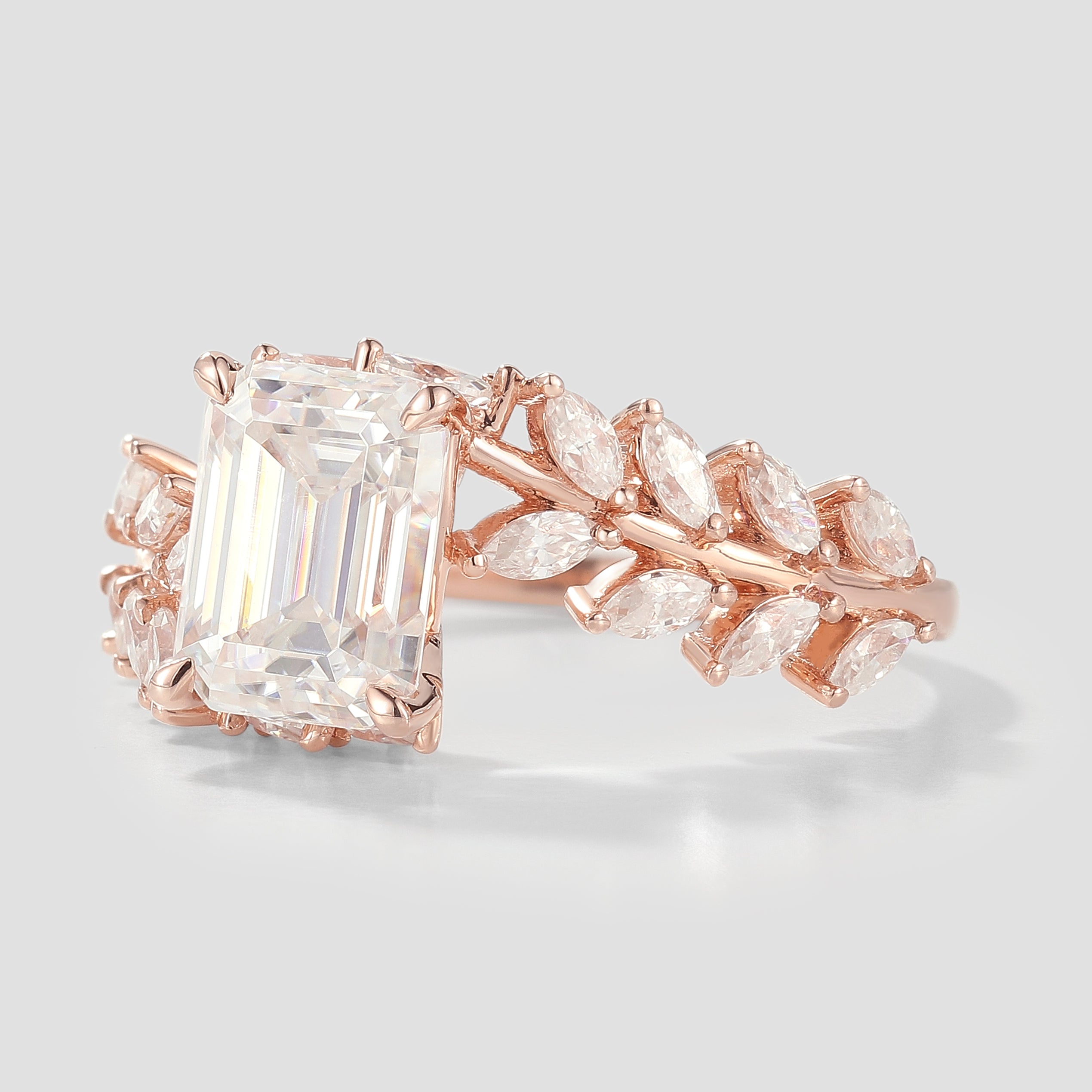 Emerald Cut Moissanite Engagement Ring with Leaf Branch Design