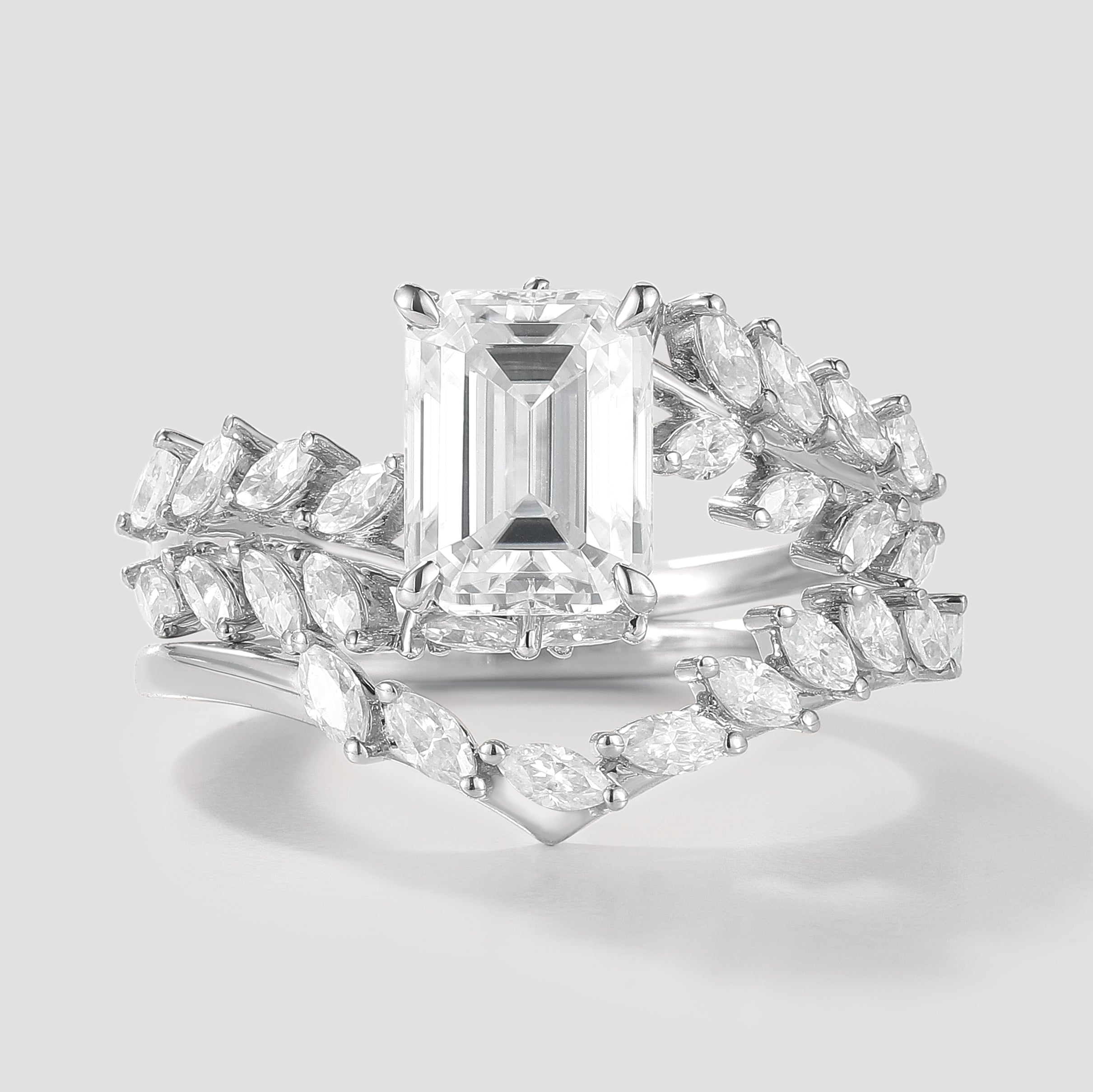 Emerald Cut Moissanite Engagement Ring Set, Leaf Design, white gold