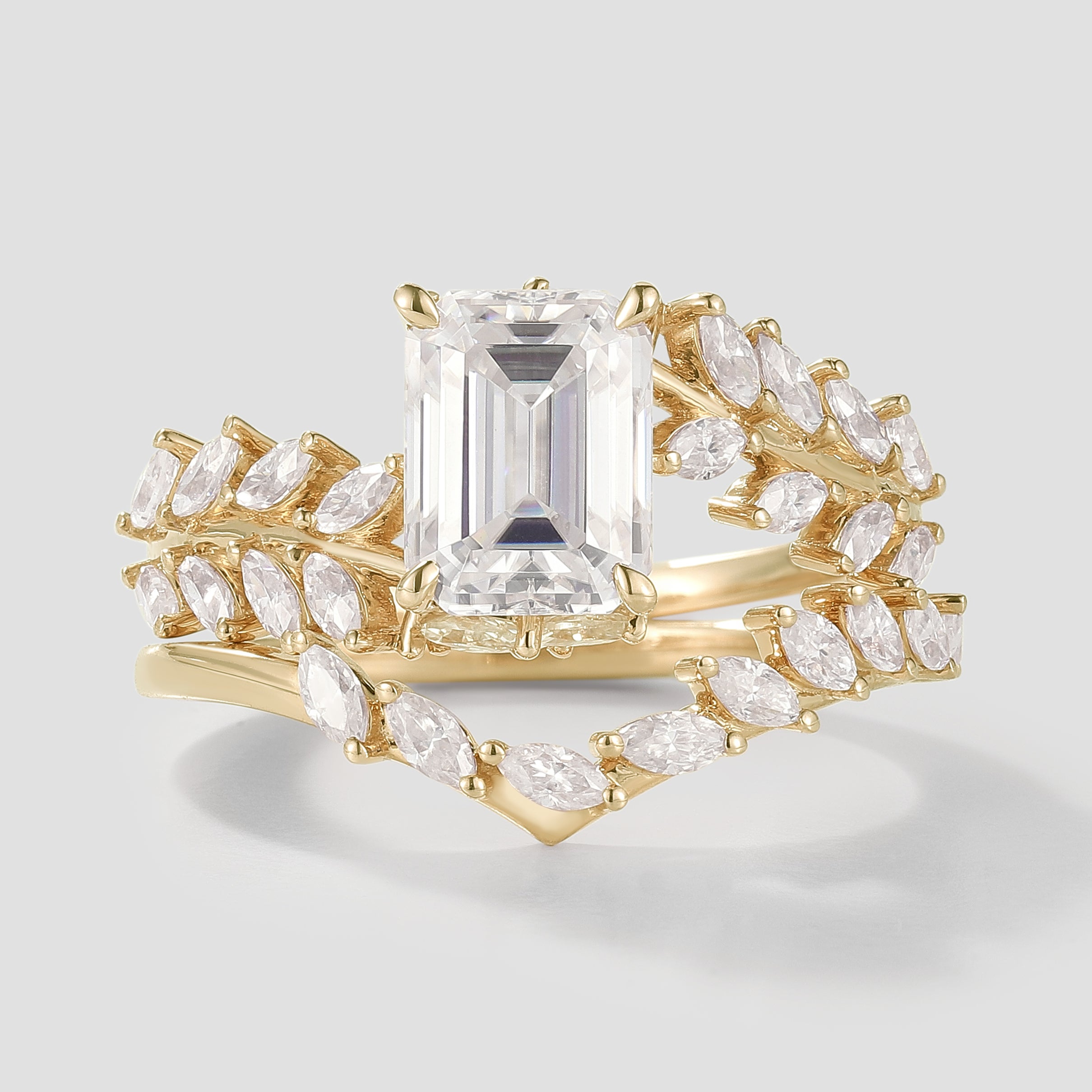 Emerald Cut Moissanite Engagement Ring Set, Leaf Design, Yellow Gold