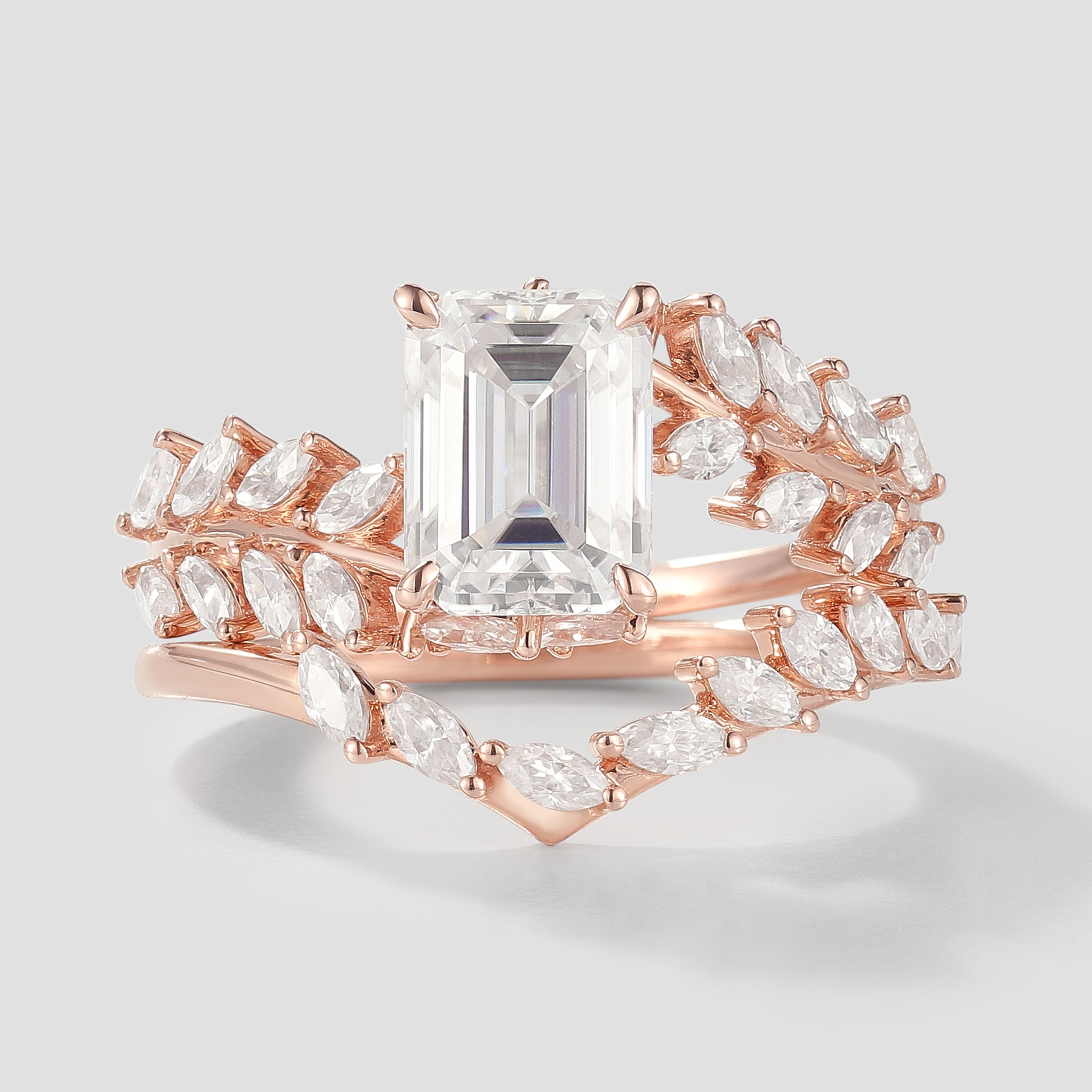 Emerald Cut Moissanite Engagement Ring Set, Leaf Design