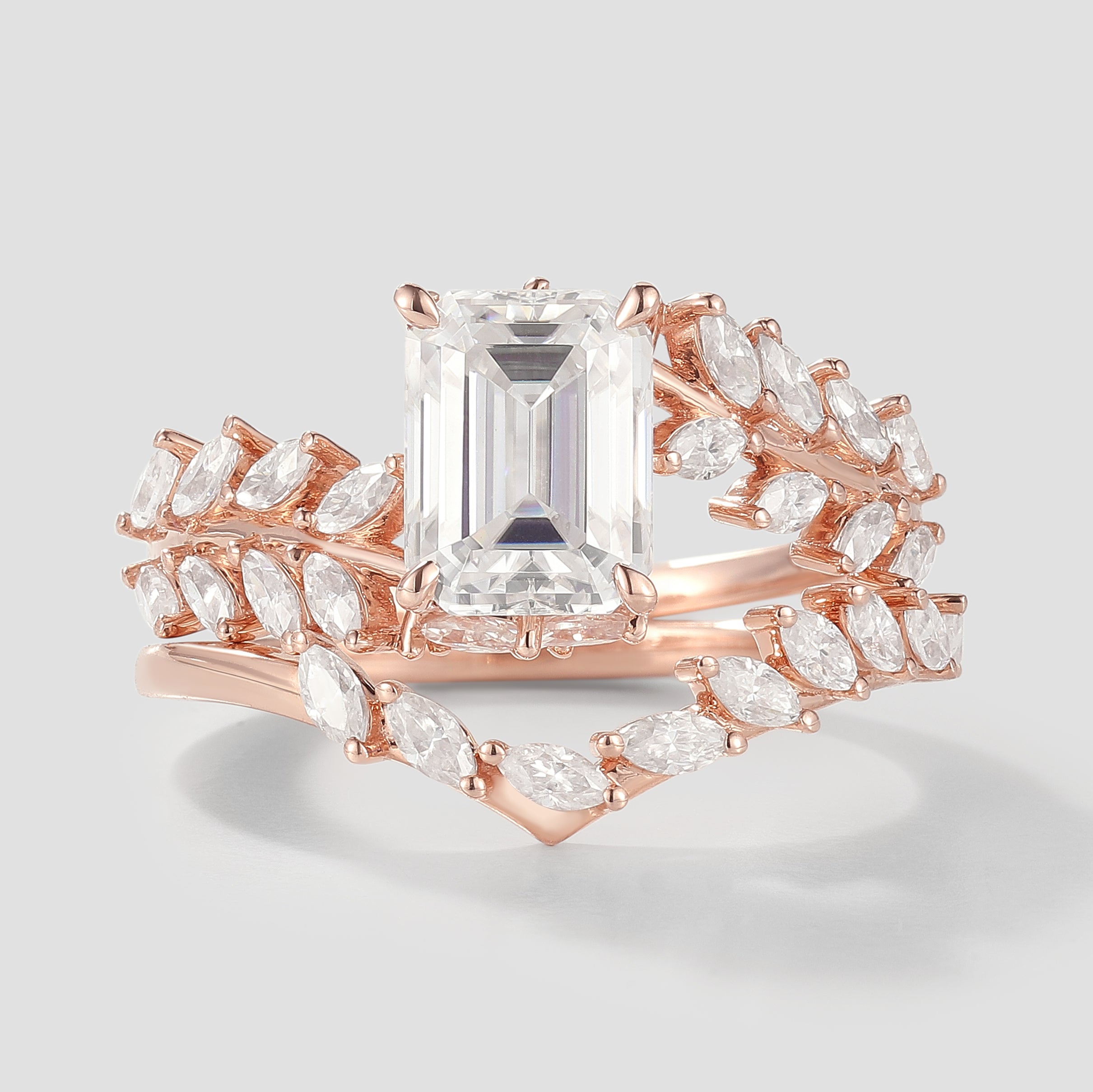 Emerald Cut Moissanite Engagement Ring Set, Leaf Design