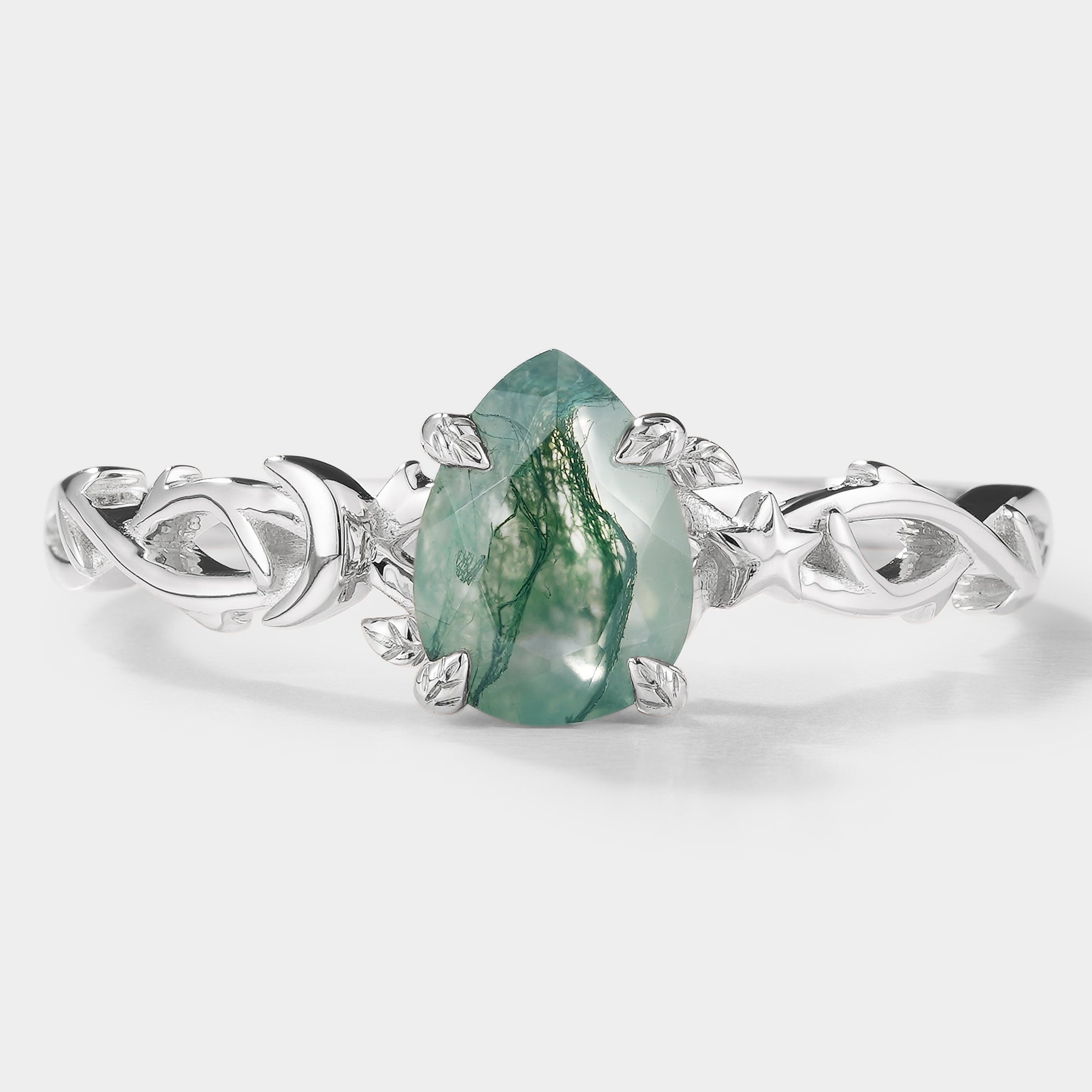 Nature-Inspired Moss Agate Pear Cut Engagement Ring