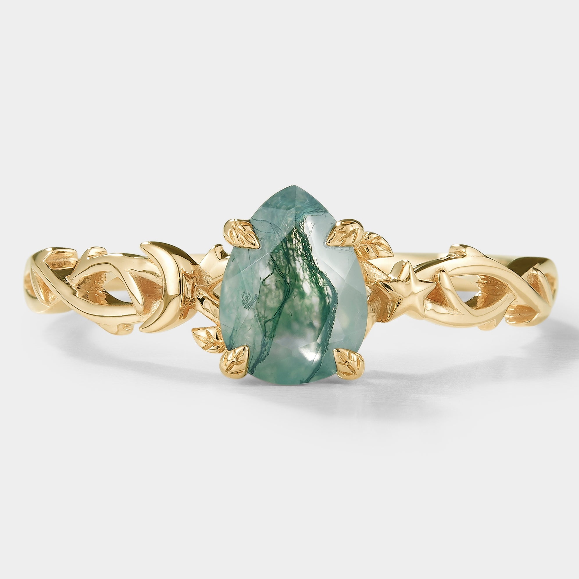 Gold Pear Cut Moss Agate Engagement Ring with Leaf and Vine Design