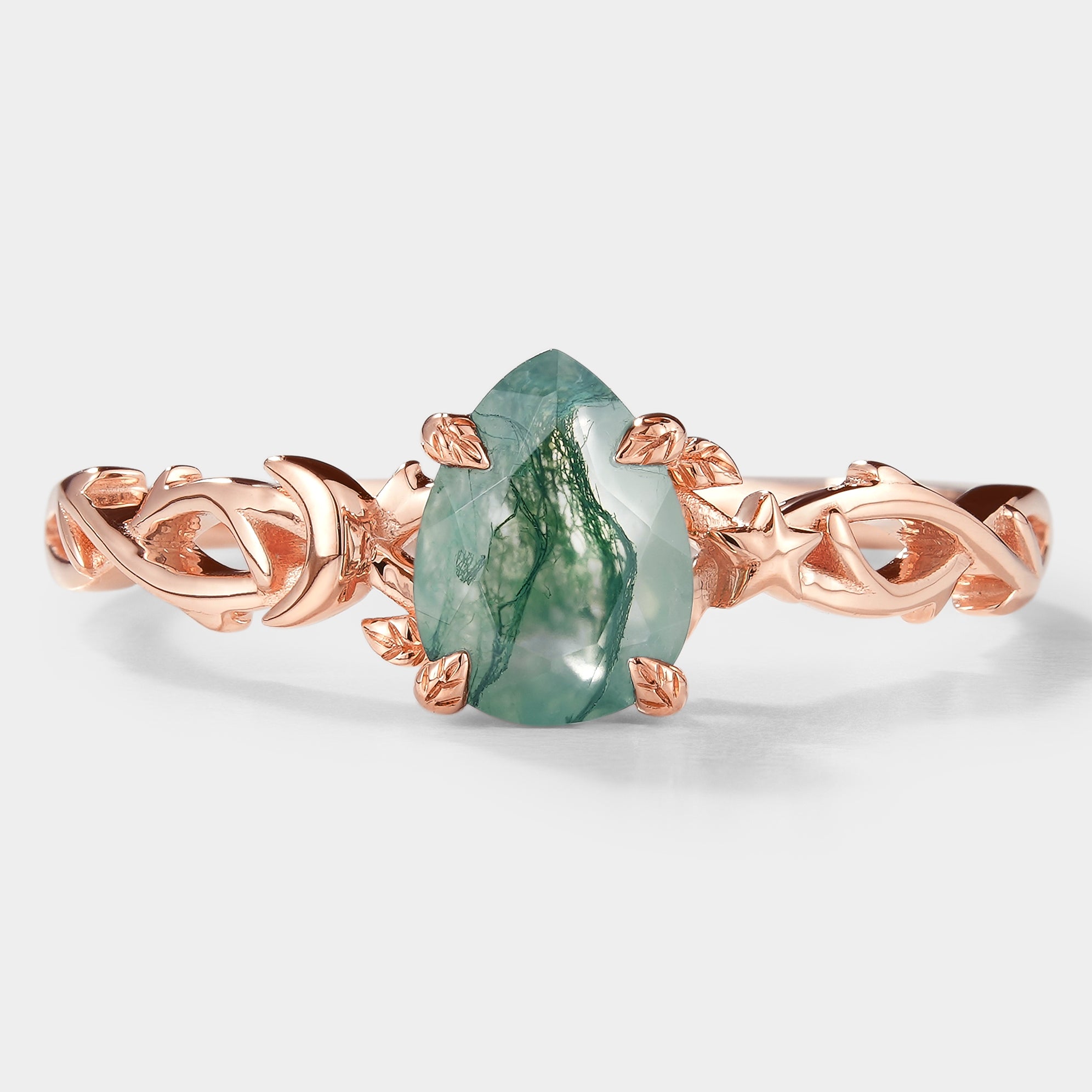 Pear Cut Moss Agate Engagement Ring with Leaf and Branch Design