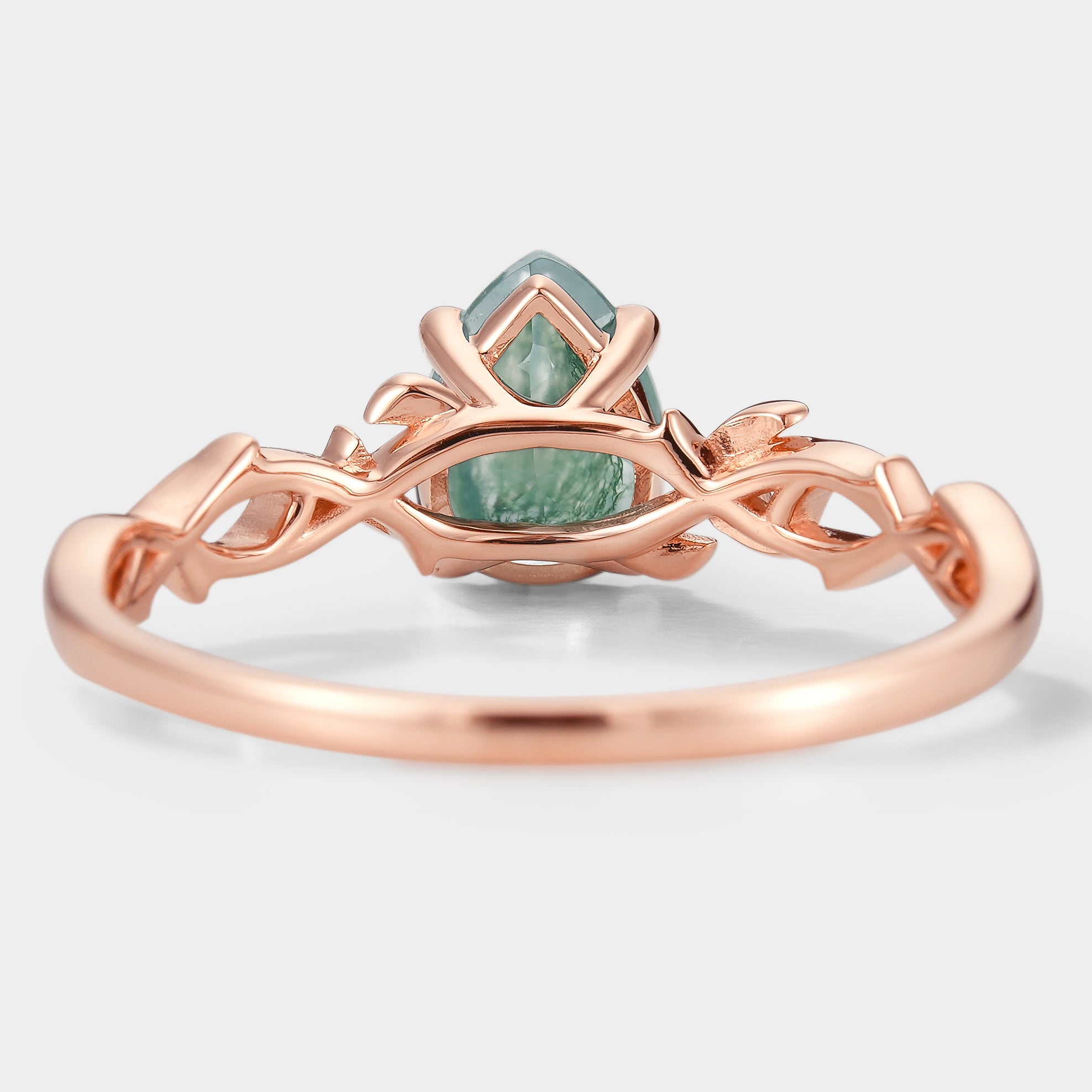 Rose Gold Pear Cut Moss Agate Ring with Leaf Design