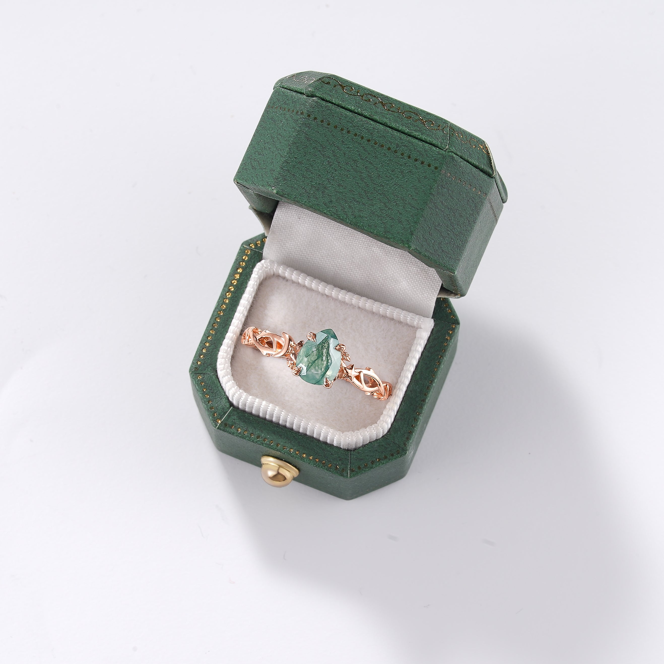 Moss Agate Pear Cut Engagement Ring in Green Jewelry Box