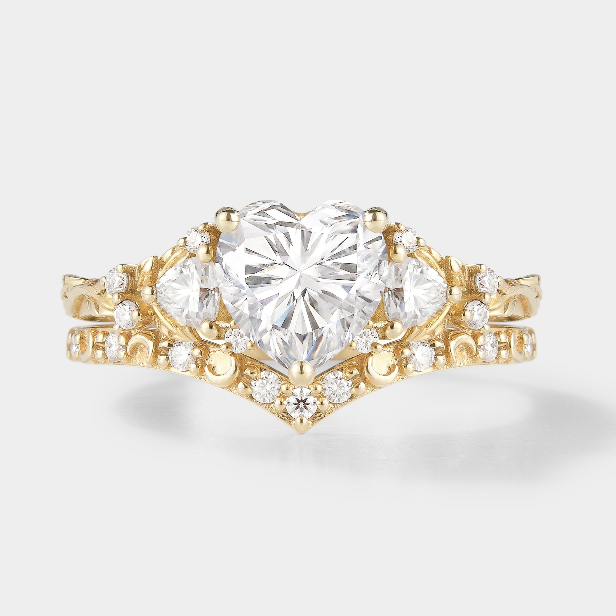 Heart Cut Moissanite Leaf Engagement Ring with Moon Wedding Band