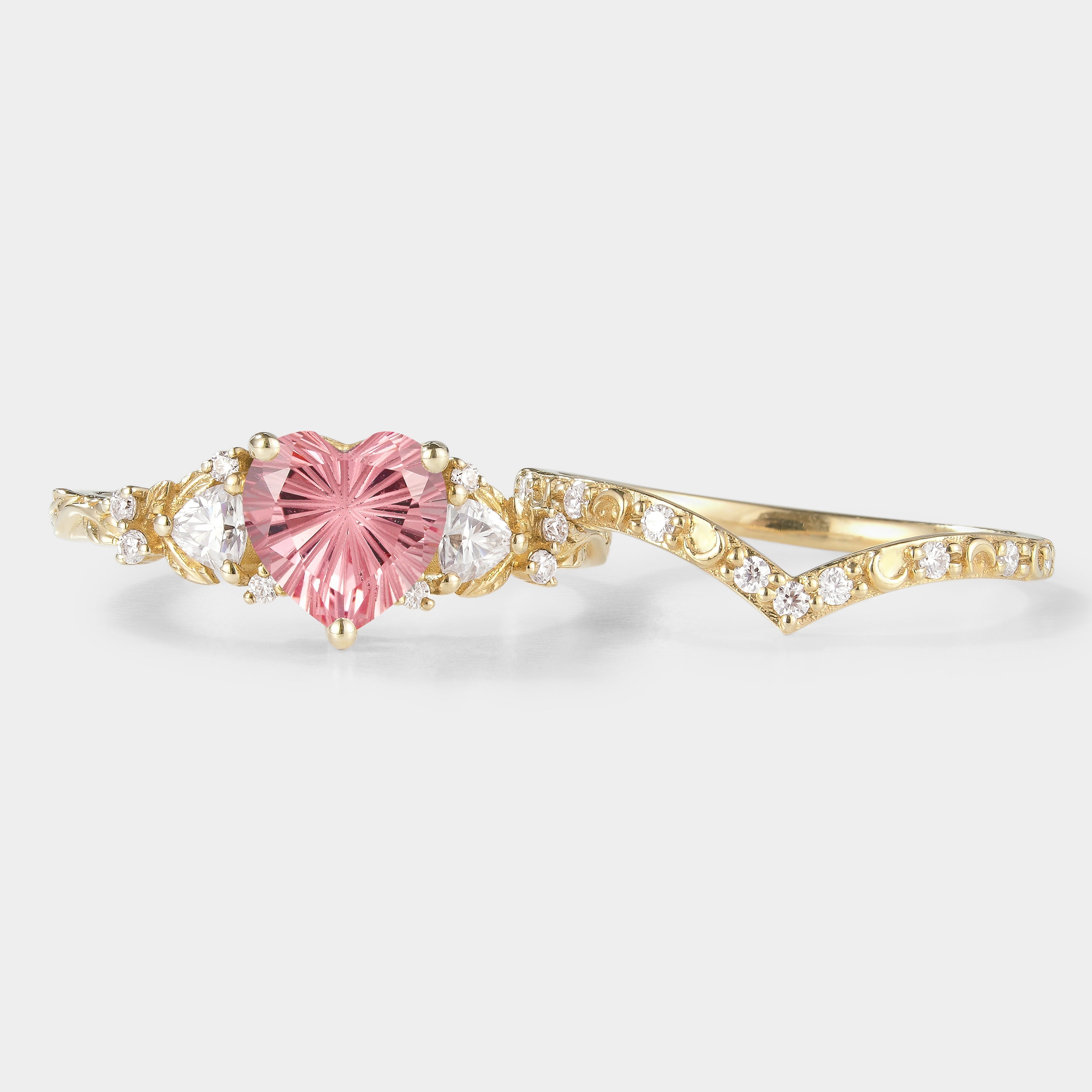 Heart-cut engagement ring set with Padparadscha and gold band