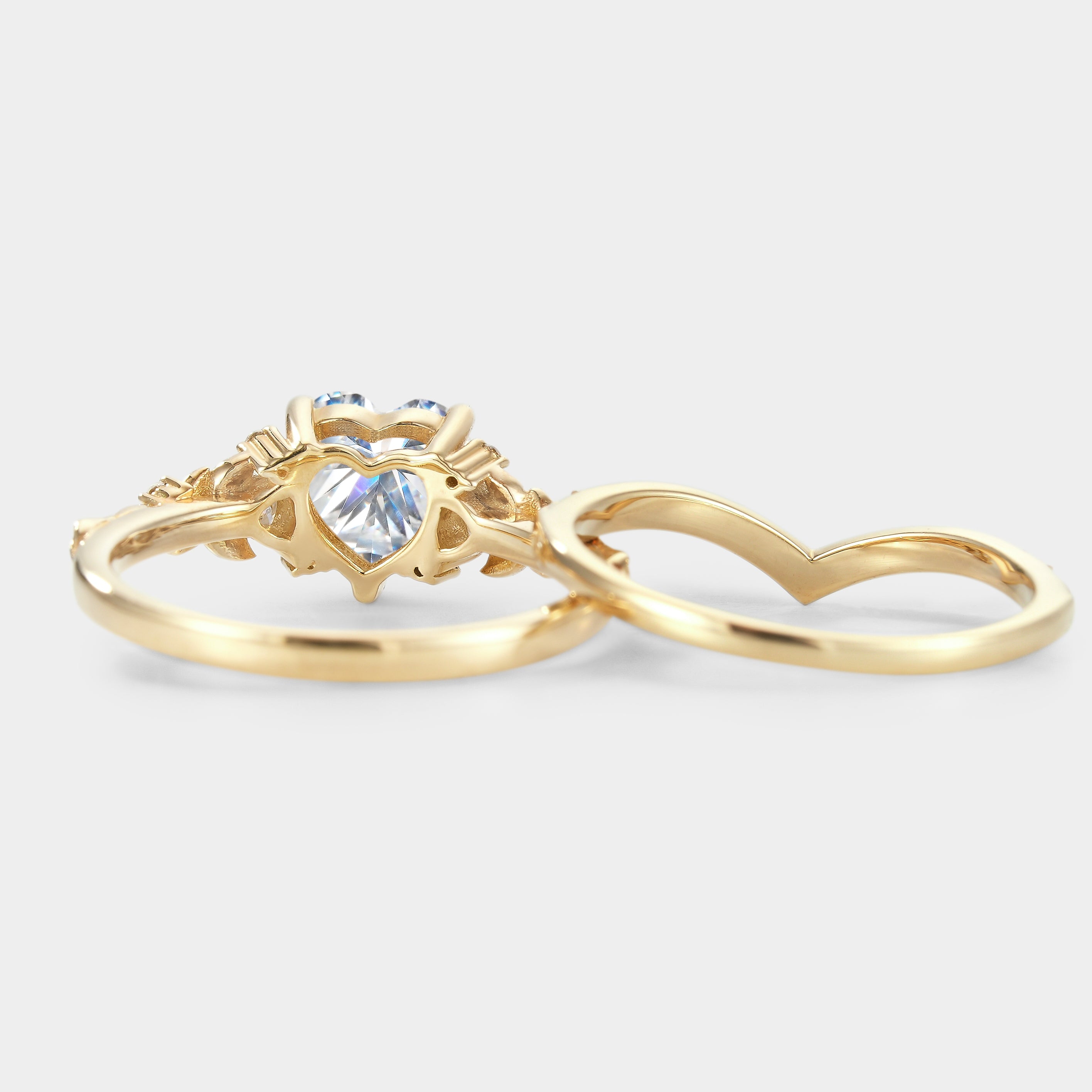 Gold Moissanite Heart Cut Engagement Ring & Wedding Band