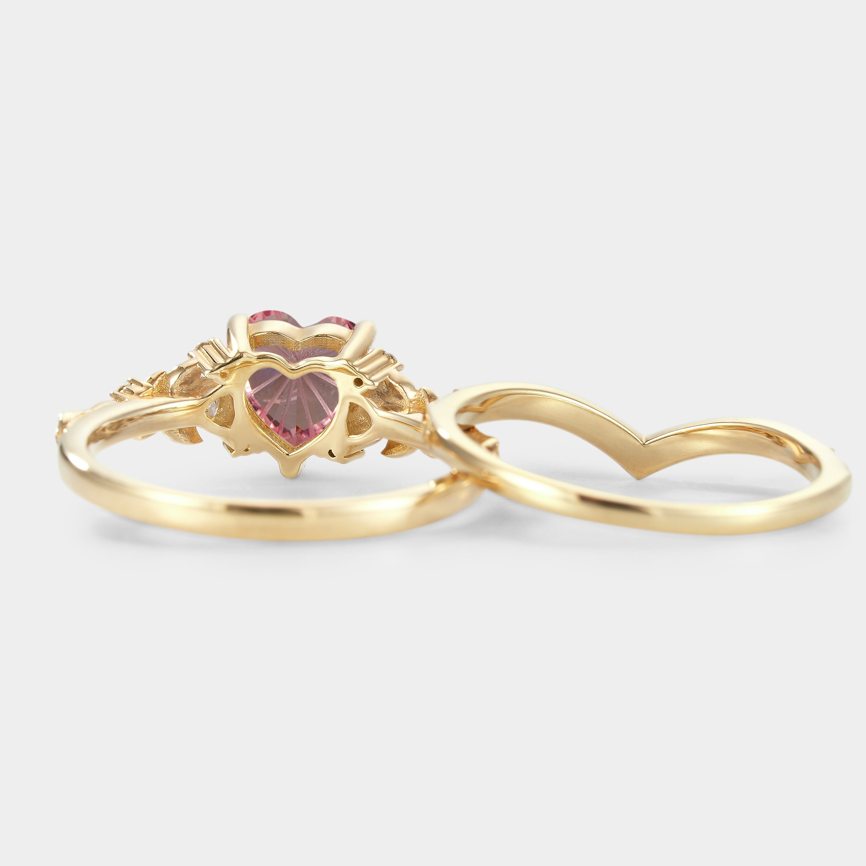 Nature-inspired heart cut Padparadscha engagement ring set
