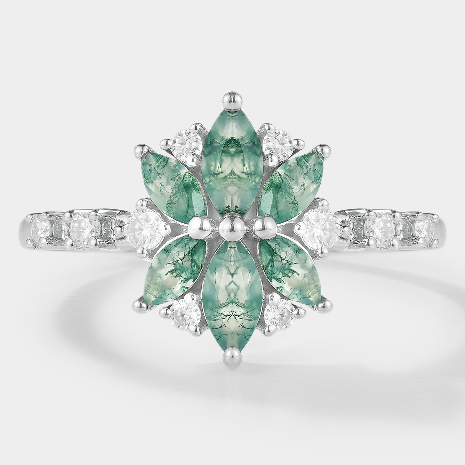Floral Moss Agate Engagement Ring with Petal Design