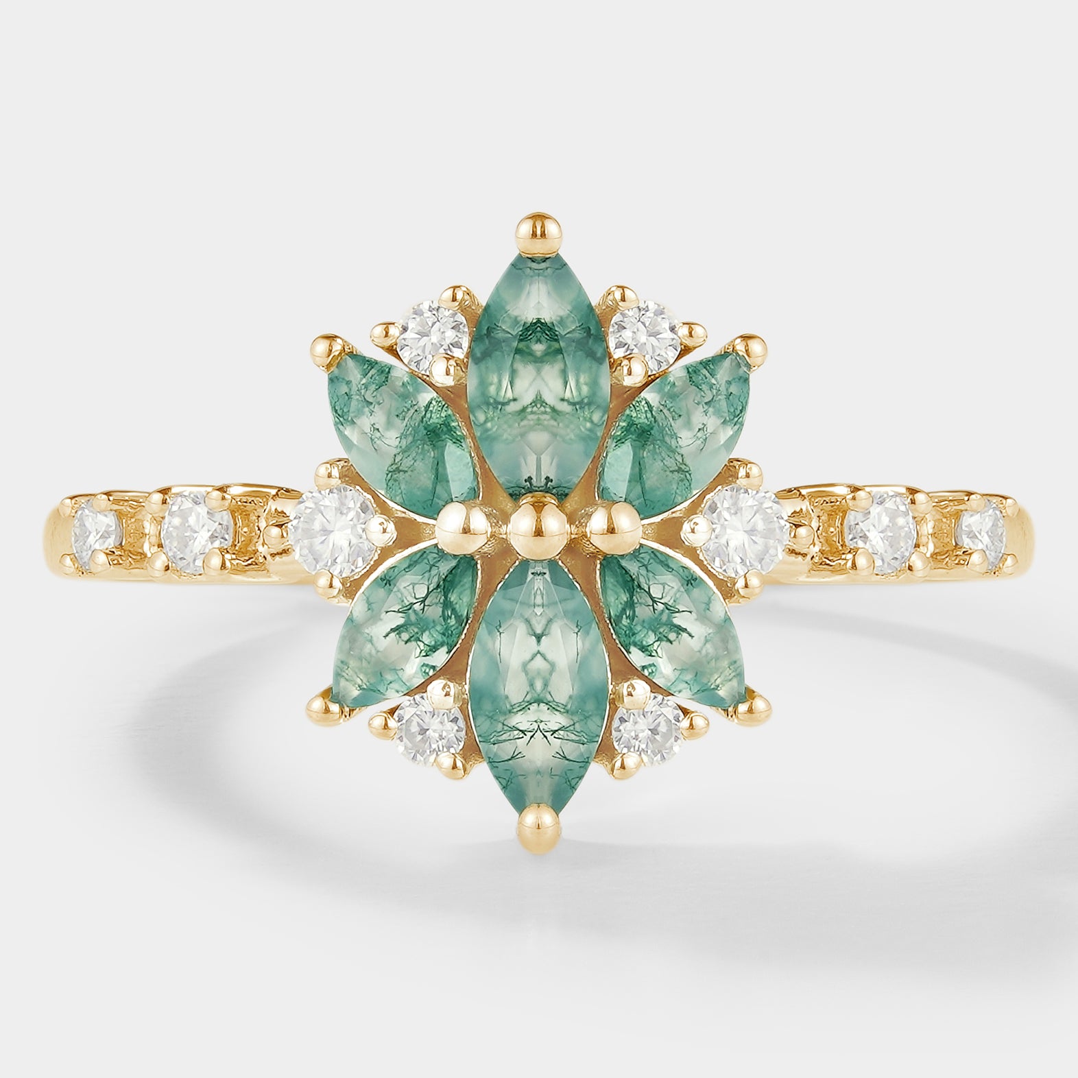Floral Moss Agate Engagement Ring with Moissanite Accents