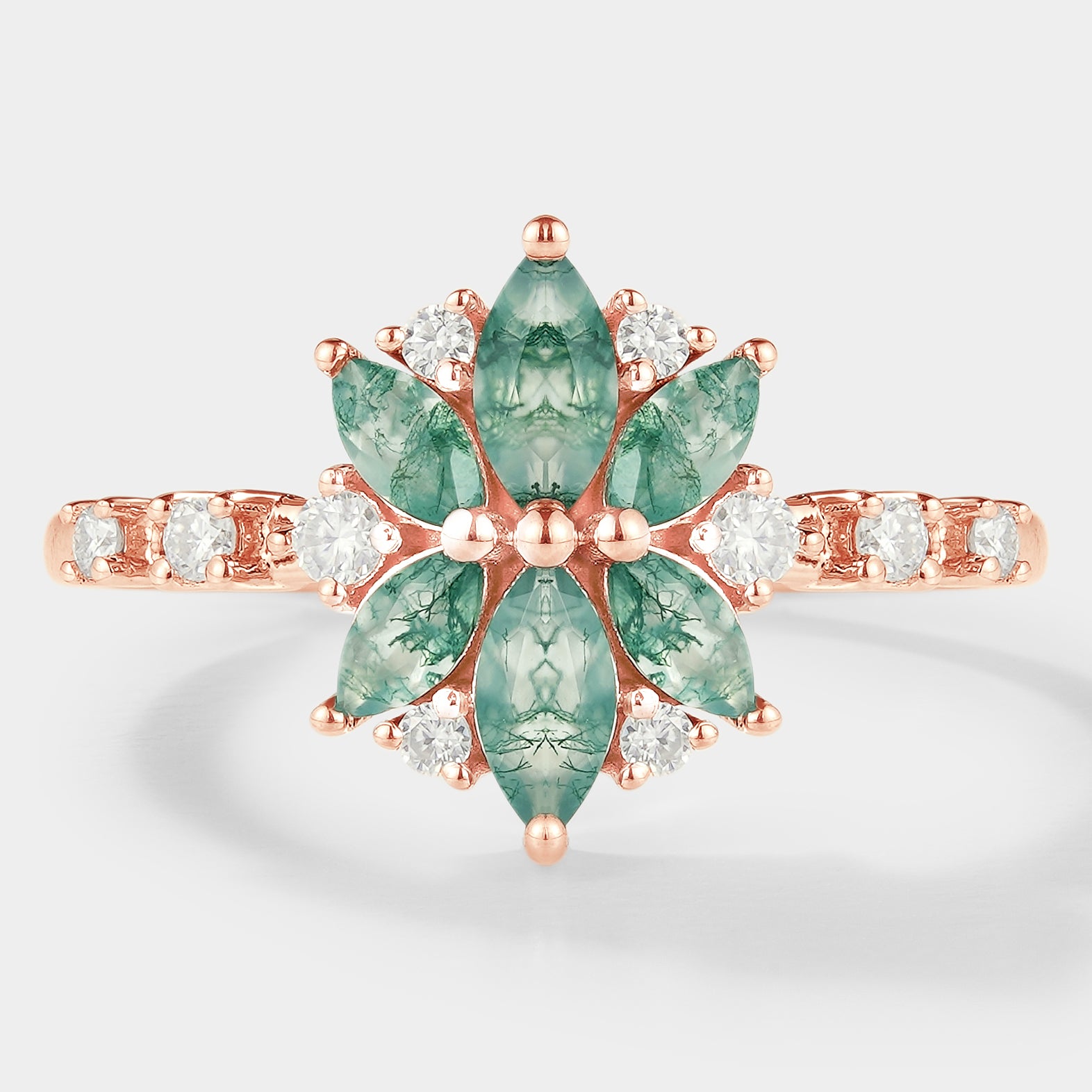 Marquise Cut Moss Agate Petal Engagement Ring