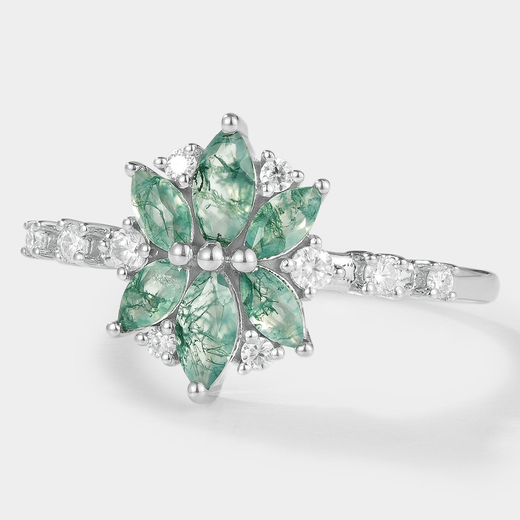 Moss Agate Petal Engagement Ring with Moissanite Accents