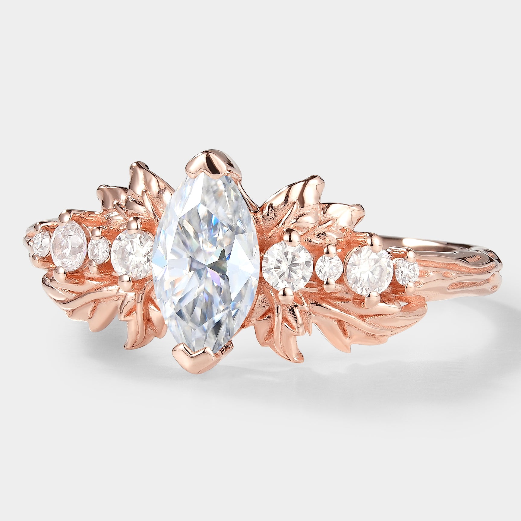 Nature-inspired rose gold marquise moissanite ring