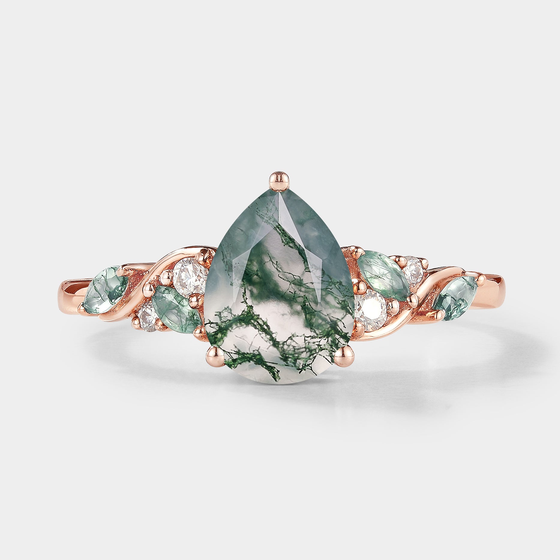 Pear Cut Moss Agate Engagement Ring with Moissanite Accents