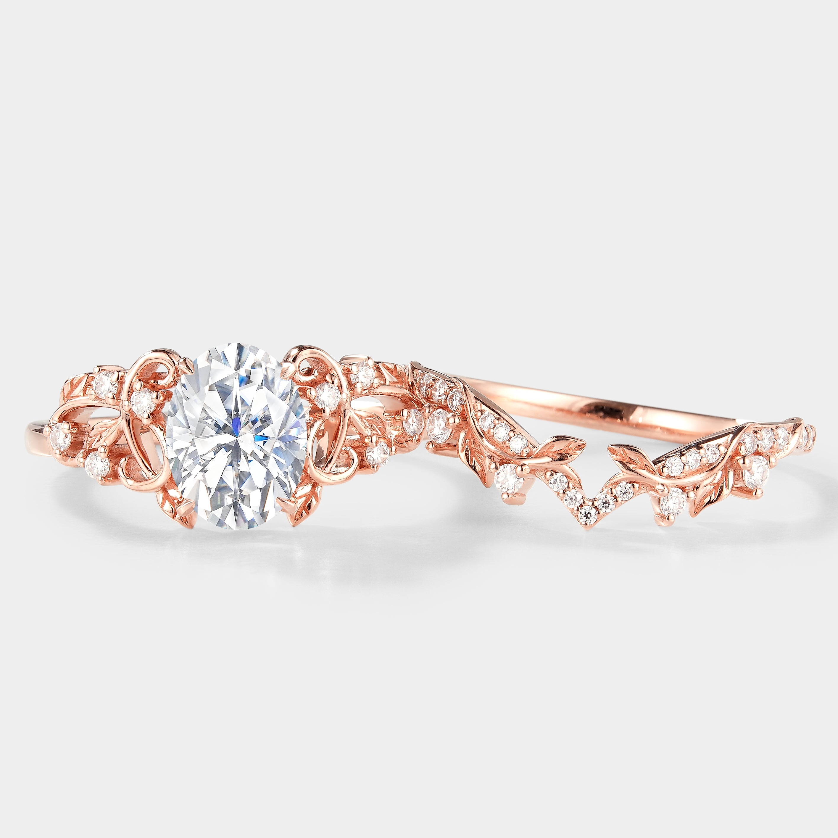 Rose gold nature-inspired engagement ring set