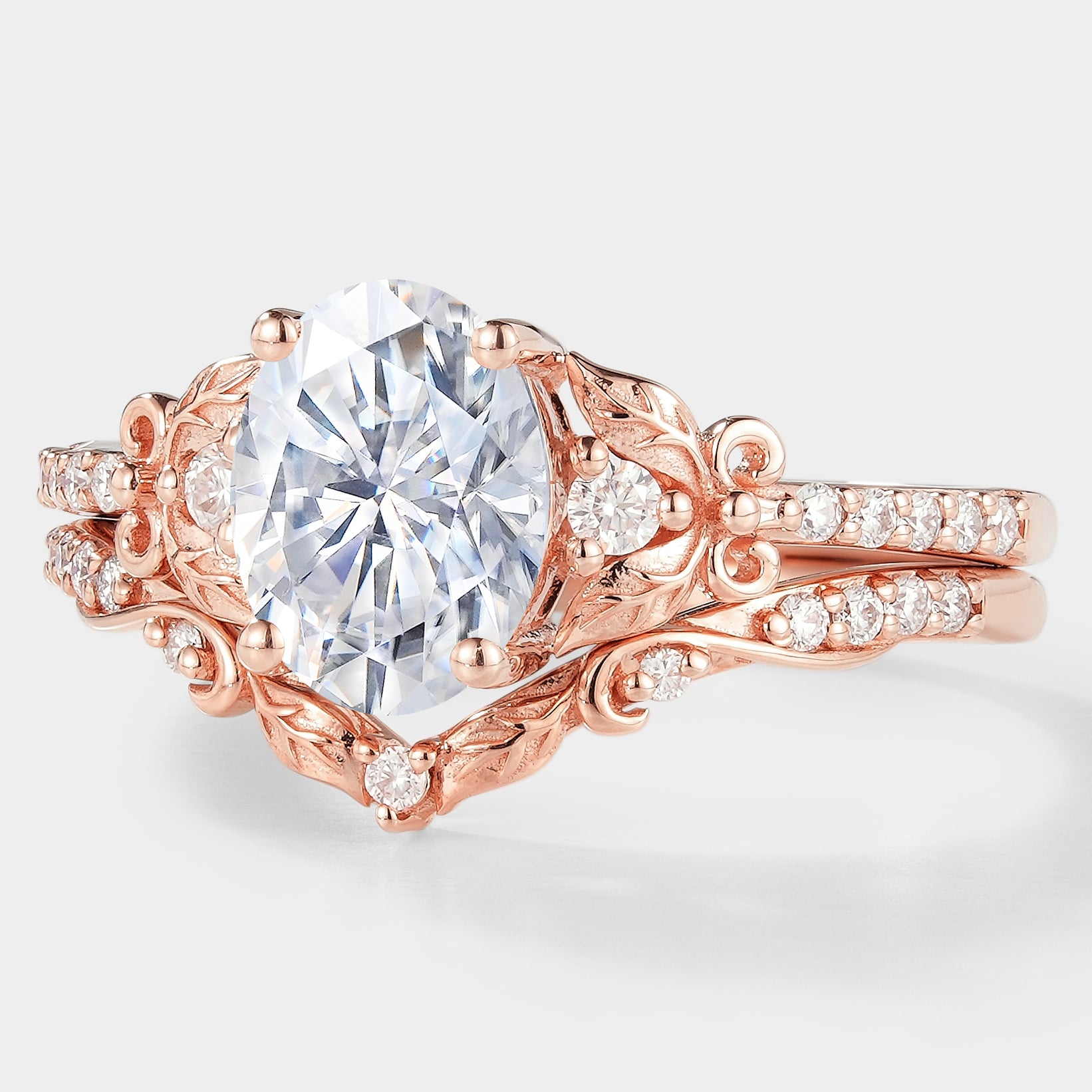 Nature-inspired rose gold moissanite ring set