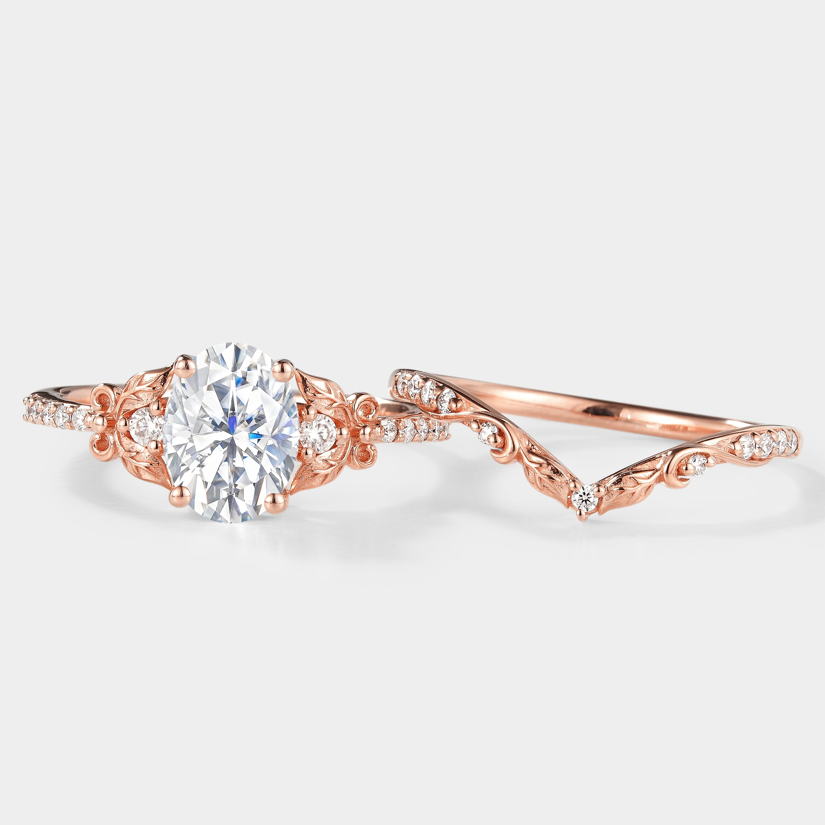 Rose gold leaf-inspired moissanite engagement ring set