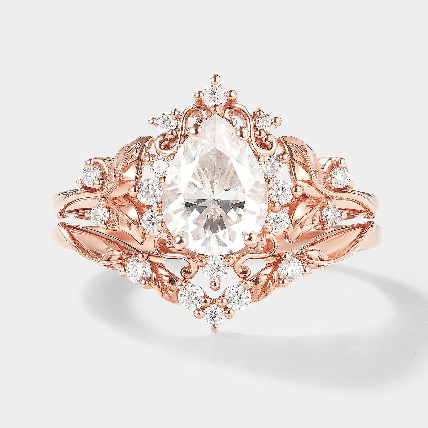 Pear Cut Moissanite Leaf Engagement Ring Set