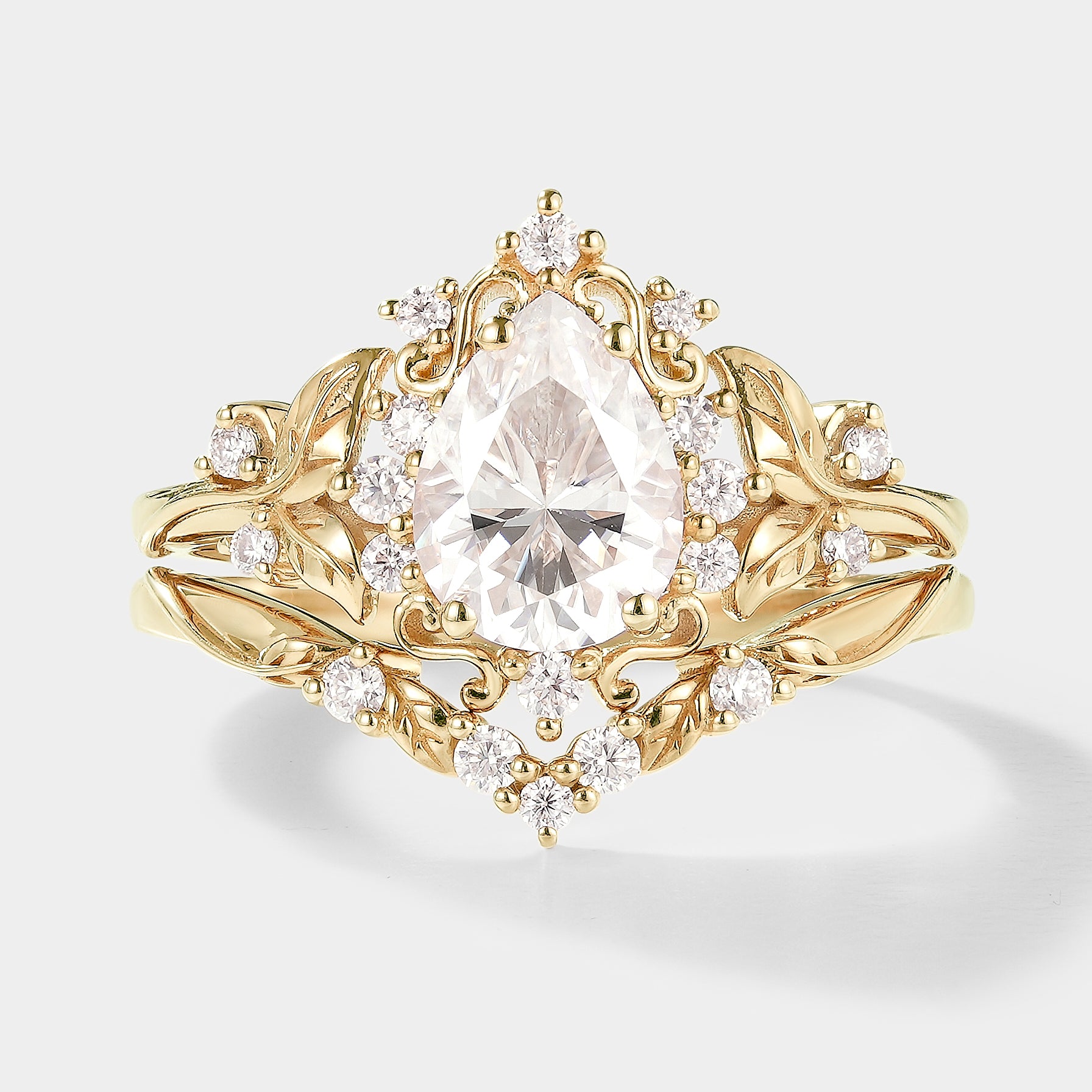 Gold Pear Cut Moissanite Leaf Engagement Ring Set