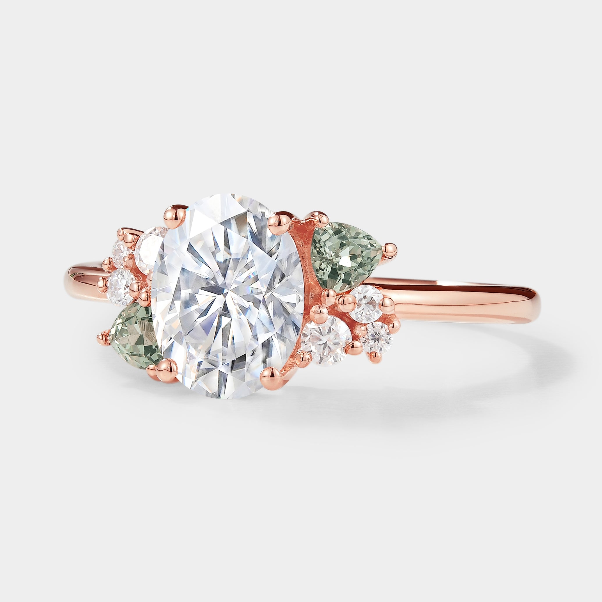 Oval Moissanite and Spinel Cluster Engagement Ring, Lahela Jewelry