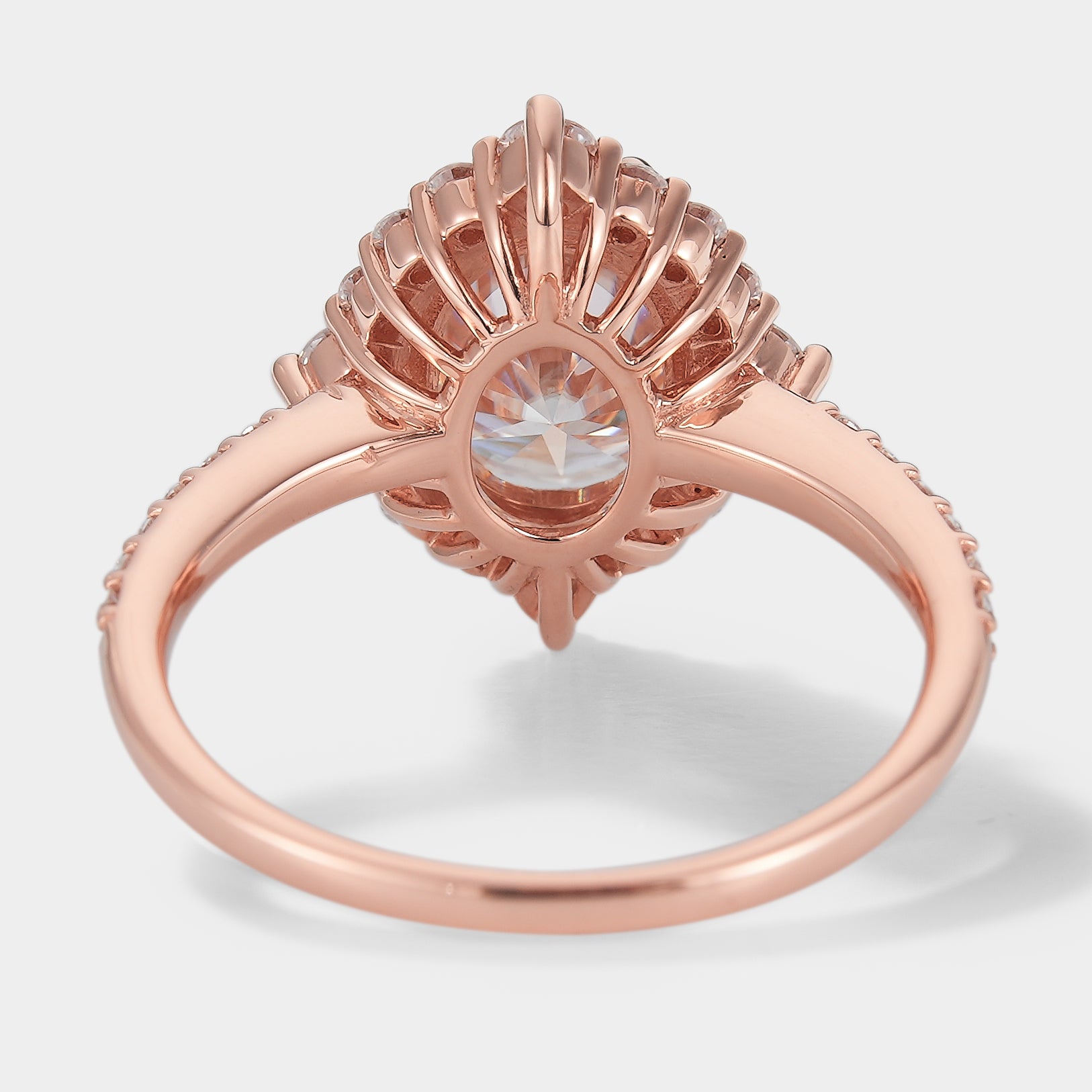 Rose gold oval moissanite engagement ring, detail view