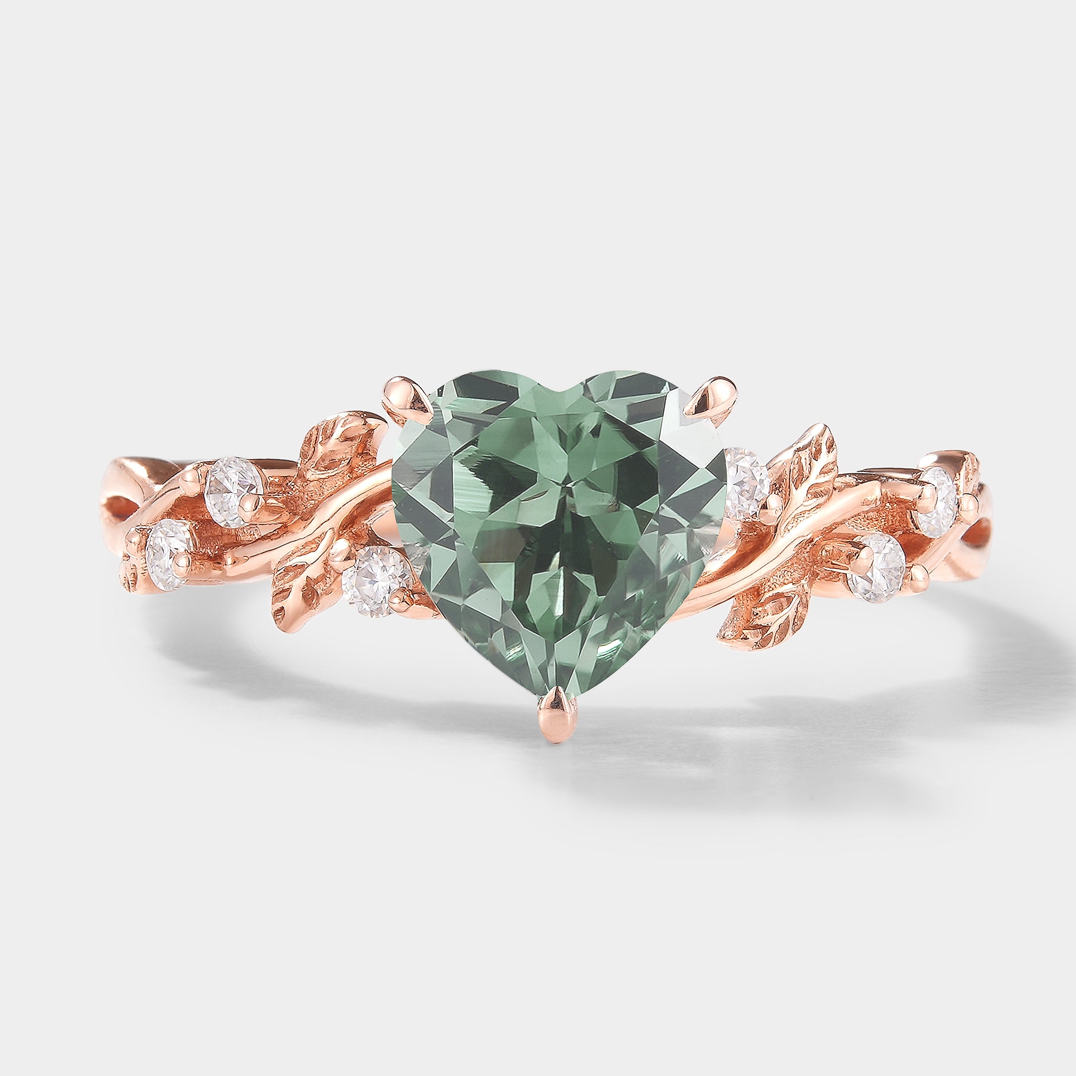 Heart Cut Lab Green Sapphire Leaf Engagement Ring