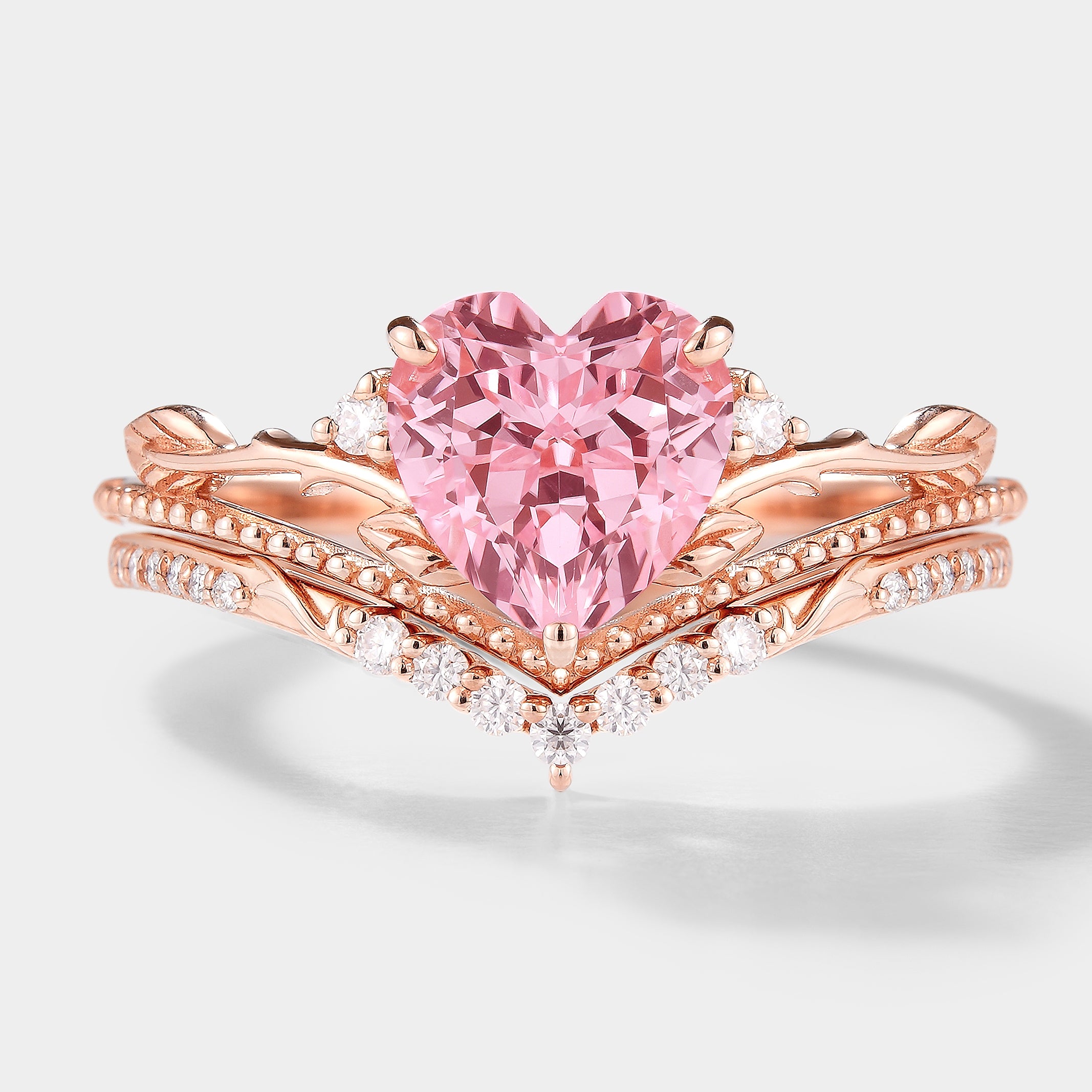 Heart-cut Padparadscha Sapphire Engagement Ring Set