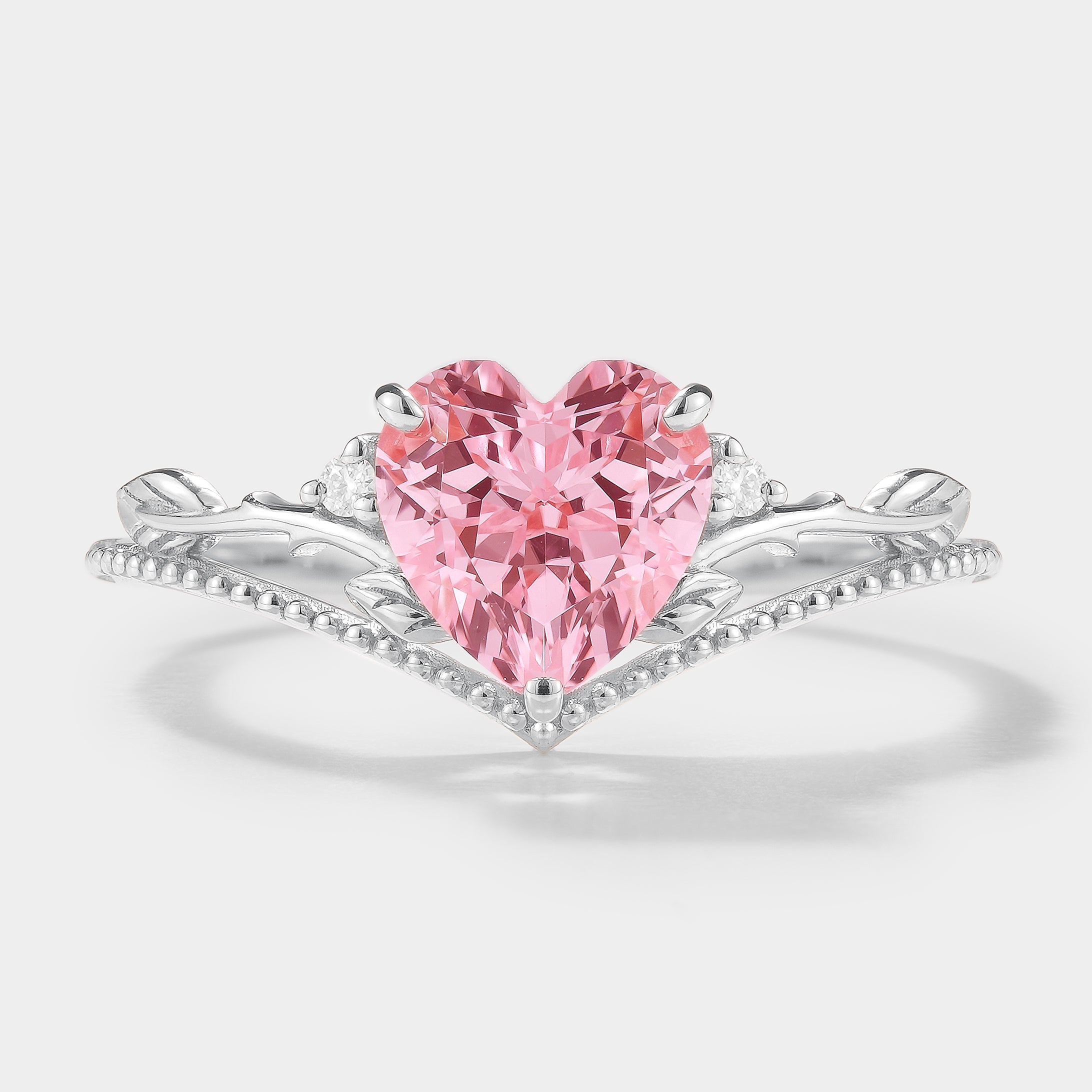 Heart-Shaped Padparadscha Sapphire Engagement Ring, leaf design
