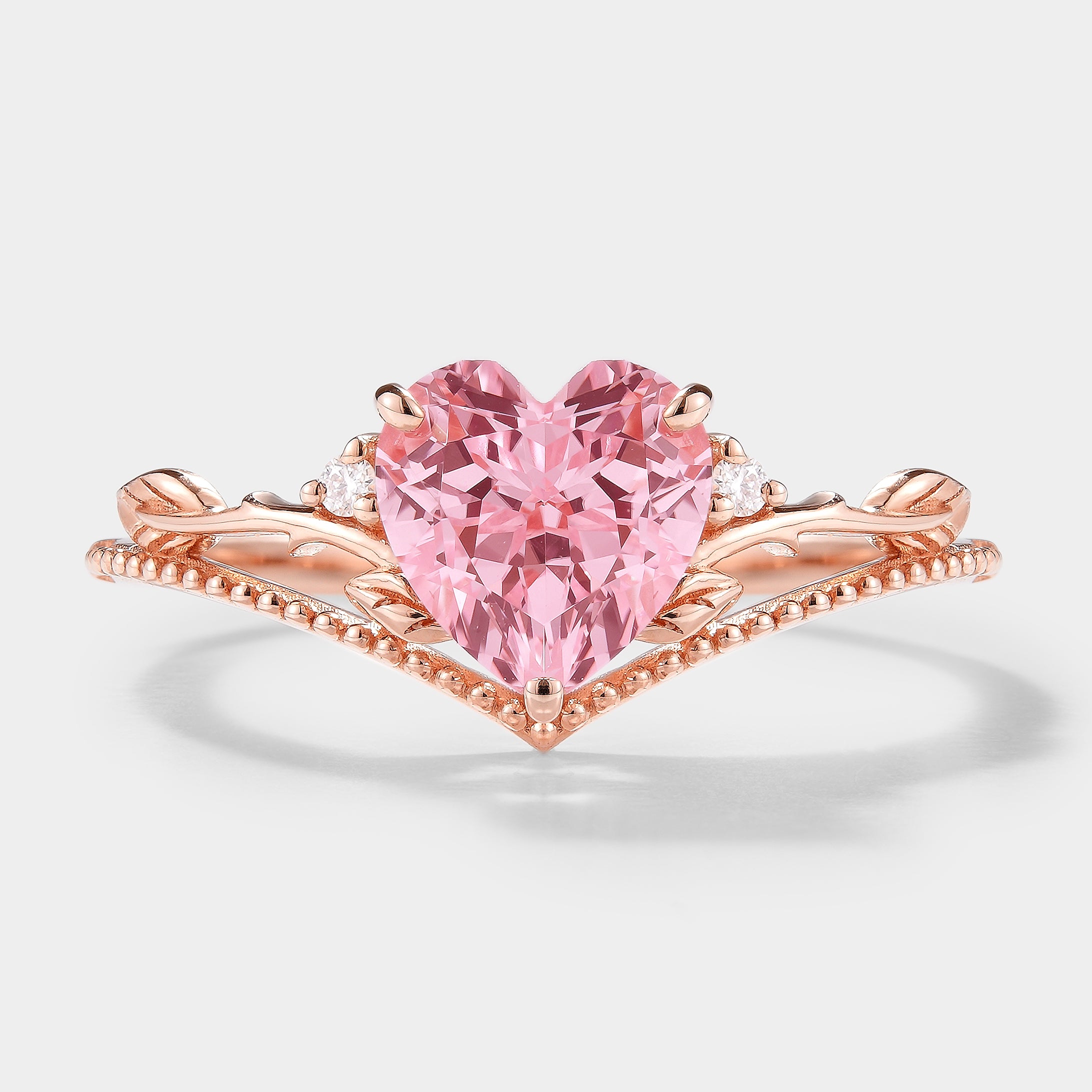 Heart Cut Lab Padparadscha Sapphire Leaf Branch Engagement Ring
