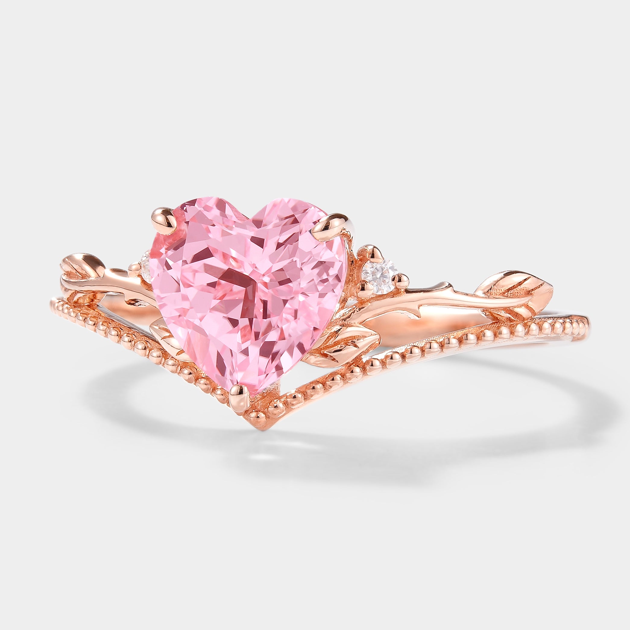 Heart-Shaped Padparadscha Sapphire Engagement Ring with Leaf Accents