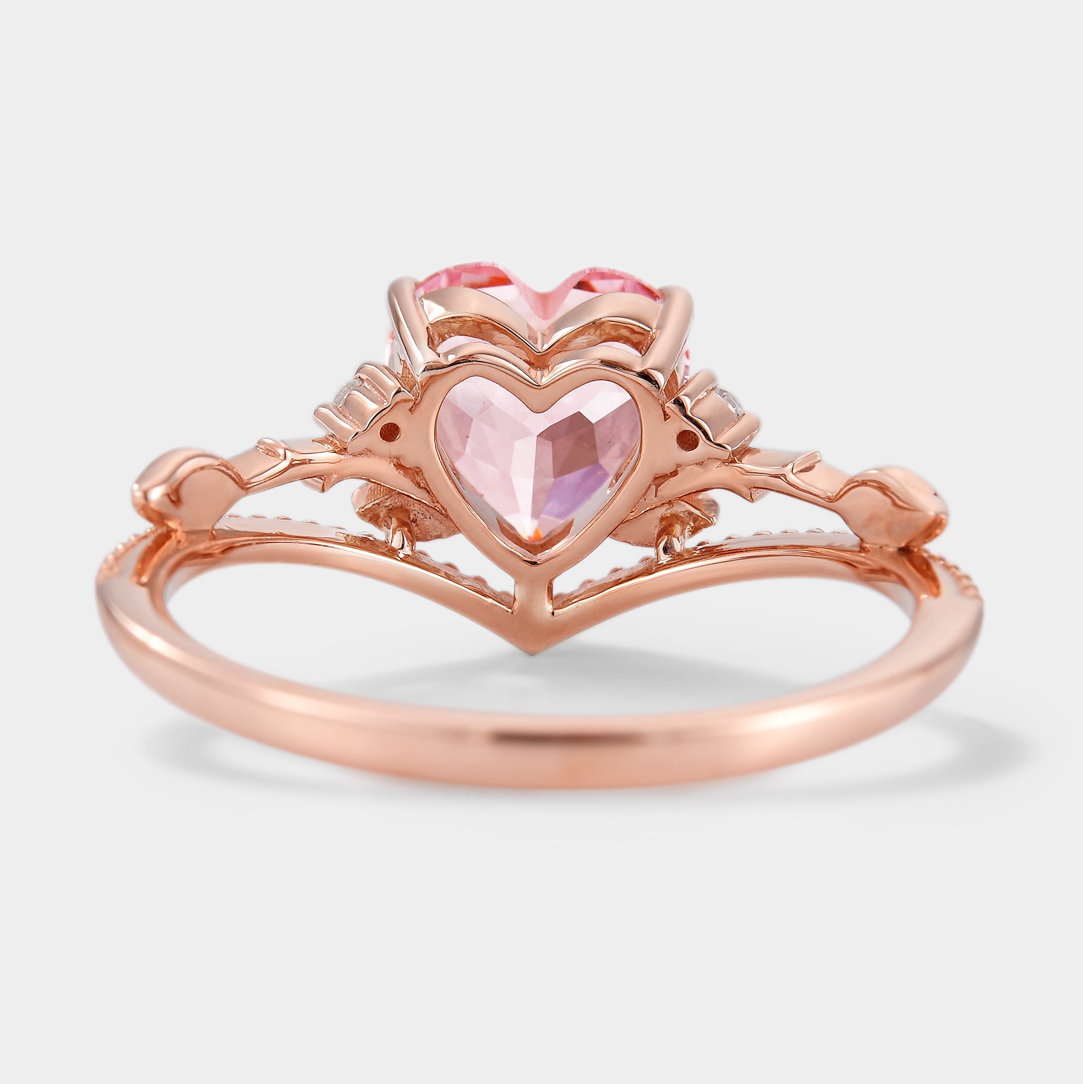 Rose Gold Heart Cut Padparadscha Sapphire Ring with Leaf Design