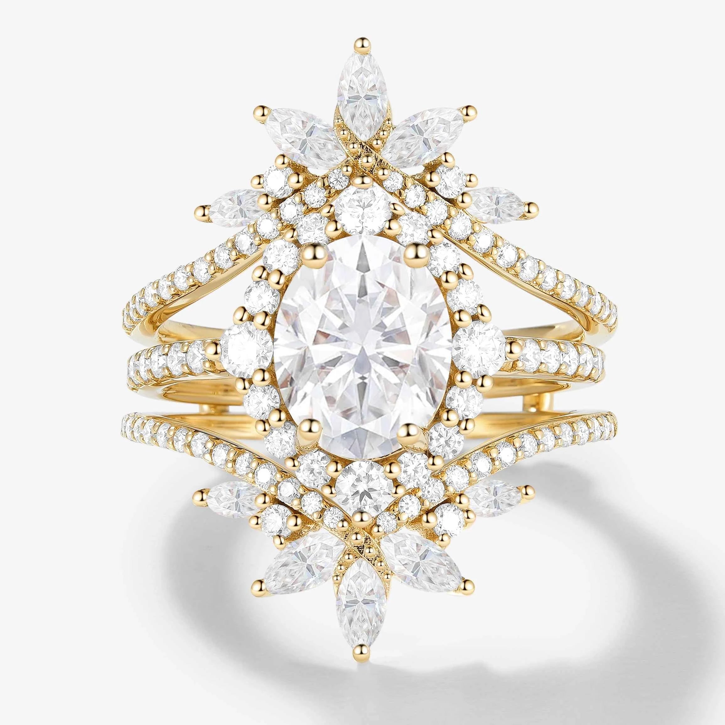 Classic Oval Moissanite Halo Engagement Ring & Vintage Enhancer Double Wedding Band 2Pcs Set