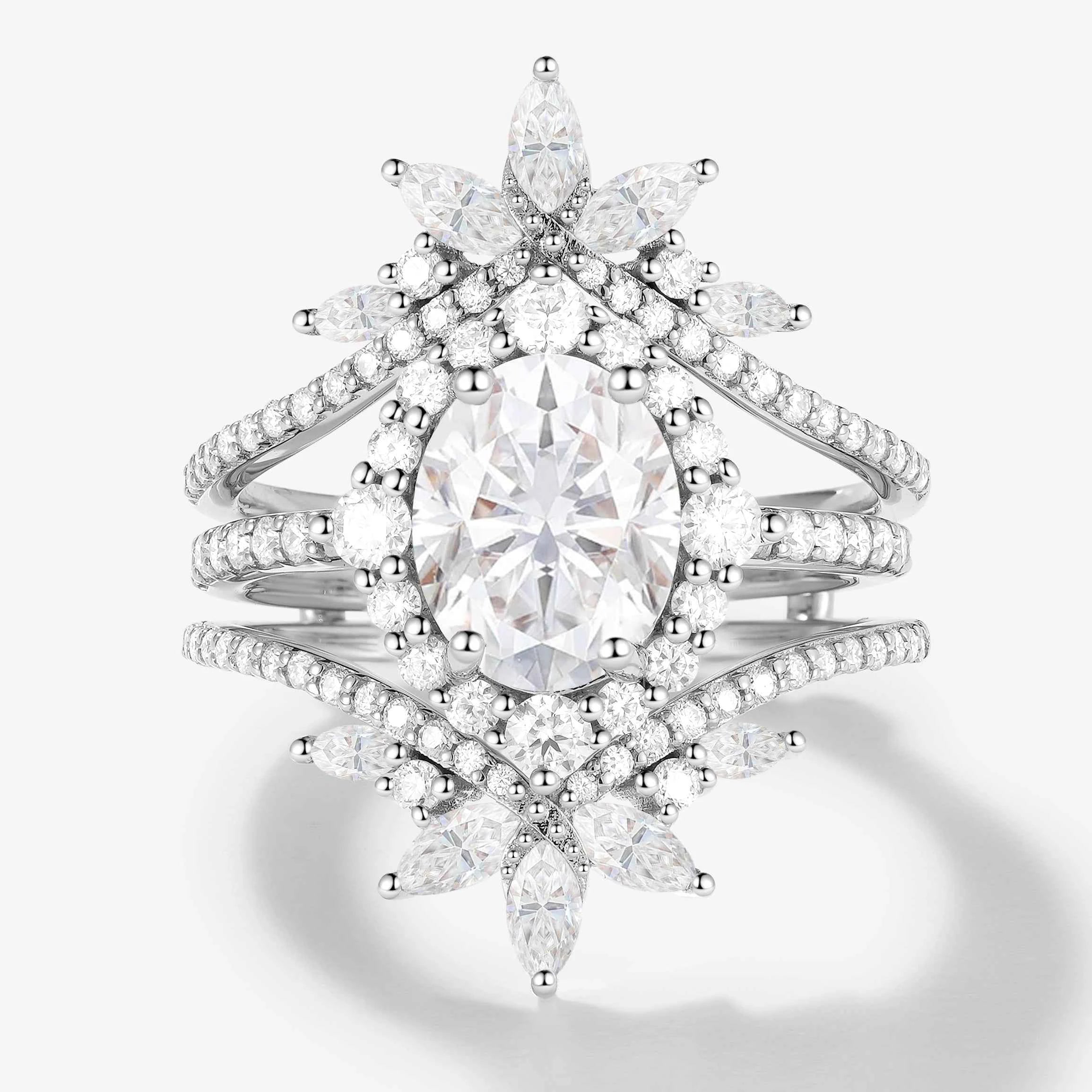 Classic Oval Moissanite Halo Engagement Ring & Vintage Enhancer Double Wedding Band 2Pcs Set